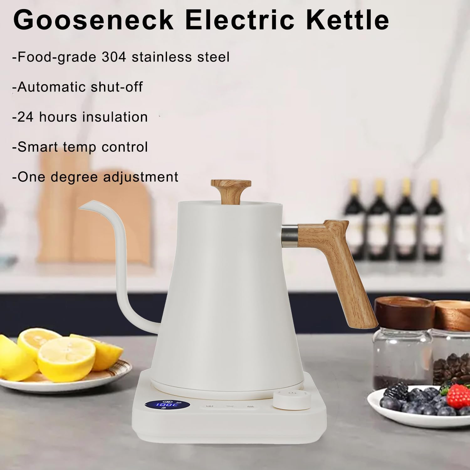 Electric Gooseneck Kettle 0.9L with LCD Display, 304 Stainless Steel Pour-Over Coffee & Tea Hot Water Boiler, Automatic Temperature Control, 1200W Quick Heating Tea Pot White image number 5