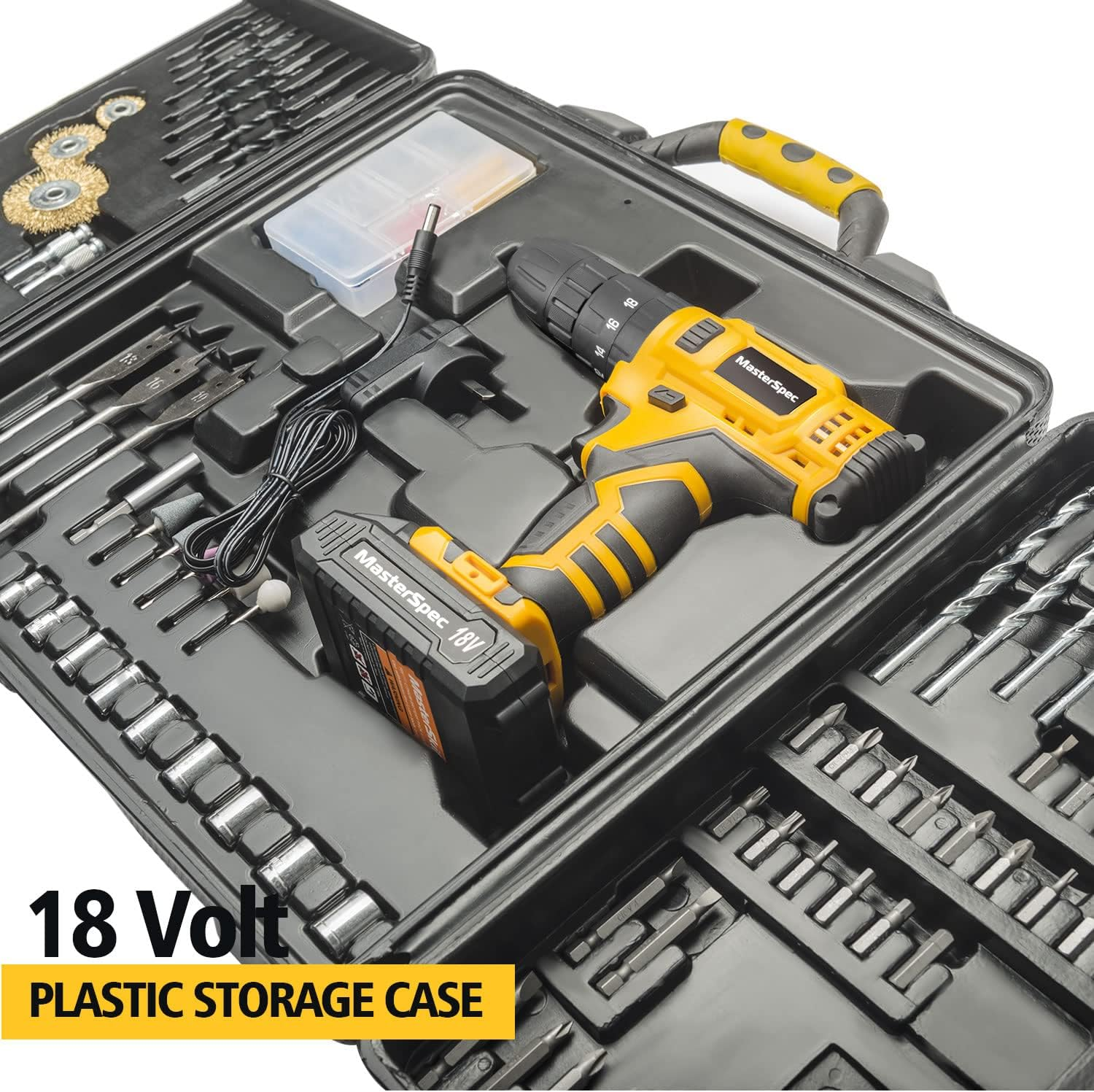 Masterspec 92 PCS Power Tool Kit 18V Cordless Hammer Drill Screw Flap Bits Sockets Set Multifunctional 18+1 Torque Variable Speed Electric Power Drill with Carrying Case