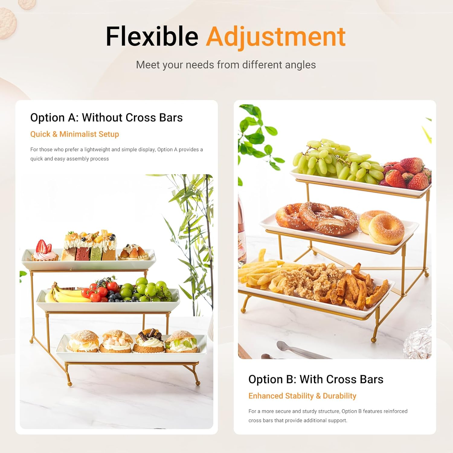 Top G 3 Tier Serving Tray with Stand,Cake Stands Porcelain Tiered Serving Platters Dishes with Collapsible Sturdier Rack, Dessert Display Stand for Party Entertaining, Food Presentation, Gold,14Inch image number 1