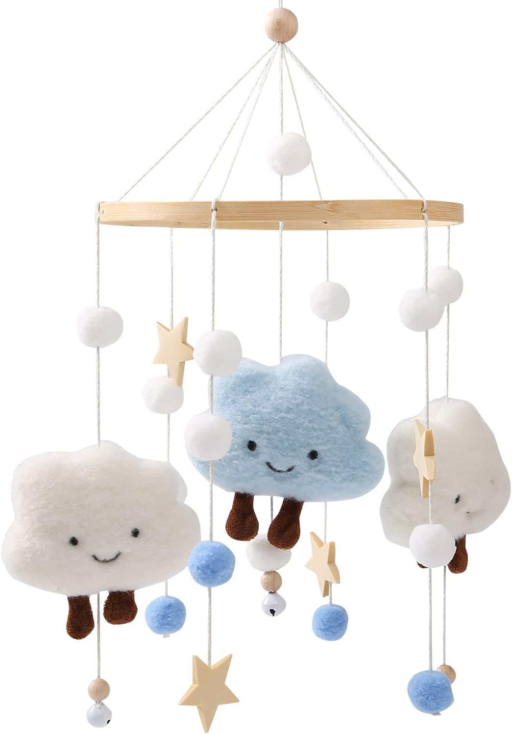 Promise Babe Wooden Crochet Mobile with Felt Balls Clouds Stars for Baby Room Decoration - Grey