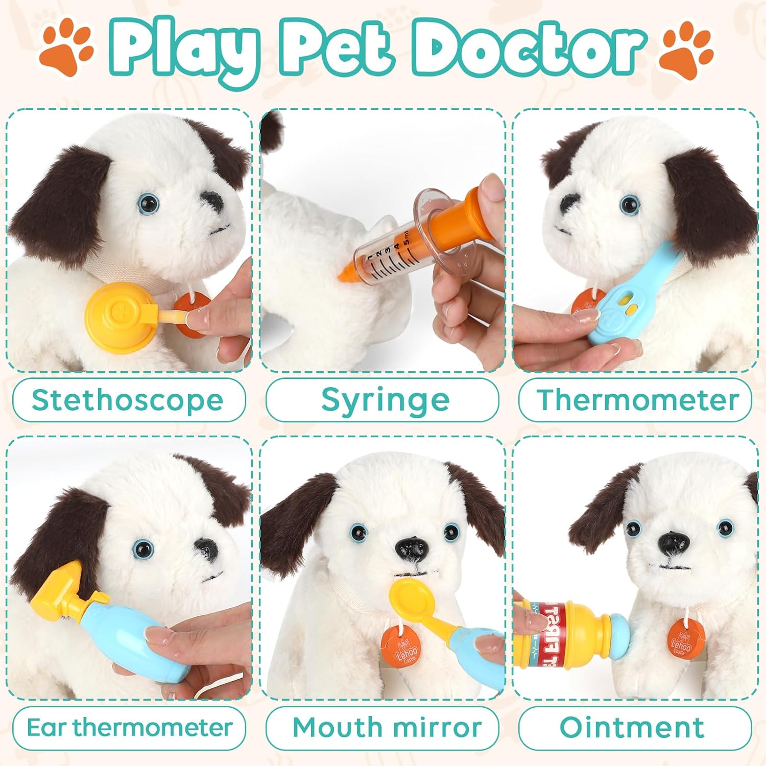Lehoo Castle Kids Doctor Set, Pet Care Play Set, Vet Dog Pretend Play Doctor Kit Kids with Pet Stroller, Storage Bag Stethoscope, Role Play Set for 3 4 5 Year Boys Girls image number 5