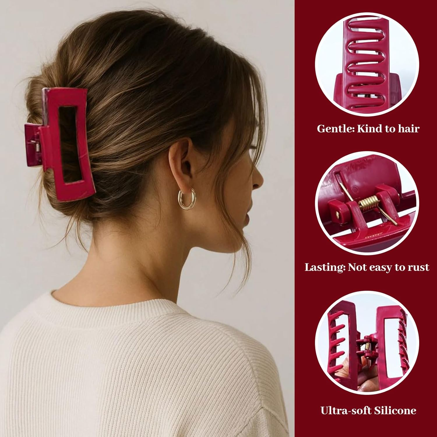 Muorruo 4-Pack Cloud Clip, Flexible Silicone Hair Clips, Non-Slip Large Bendable Clip, Soft Hair Clips for Thin and Thick Hair, Non-Removable Hair Clip (Wine Red) image number 1