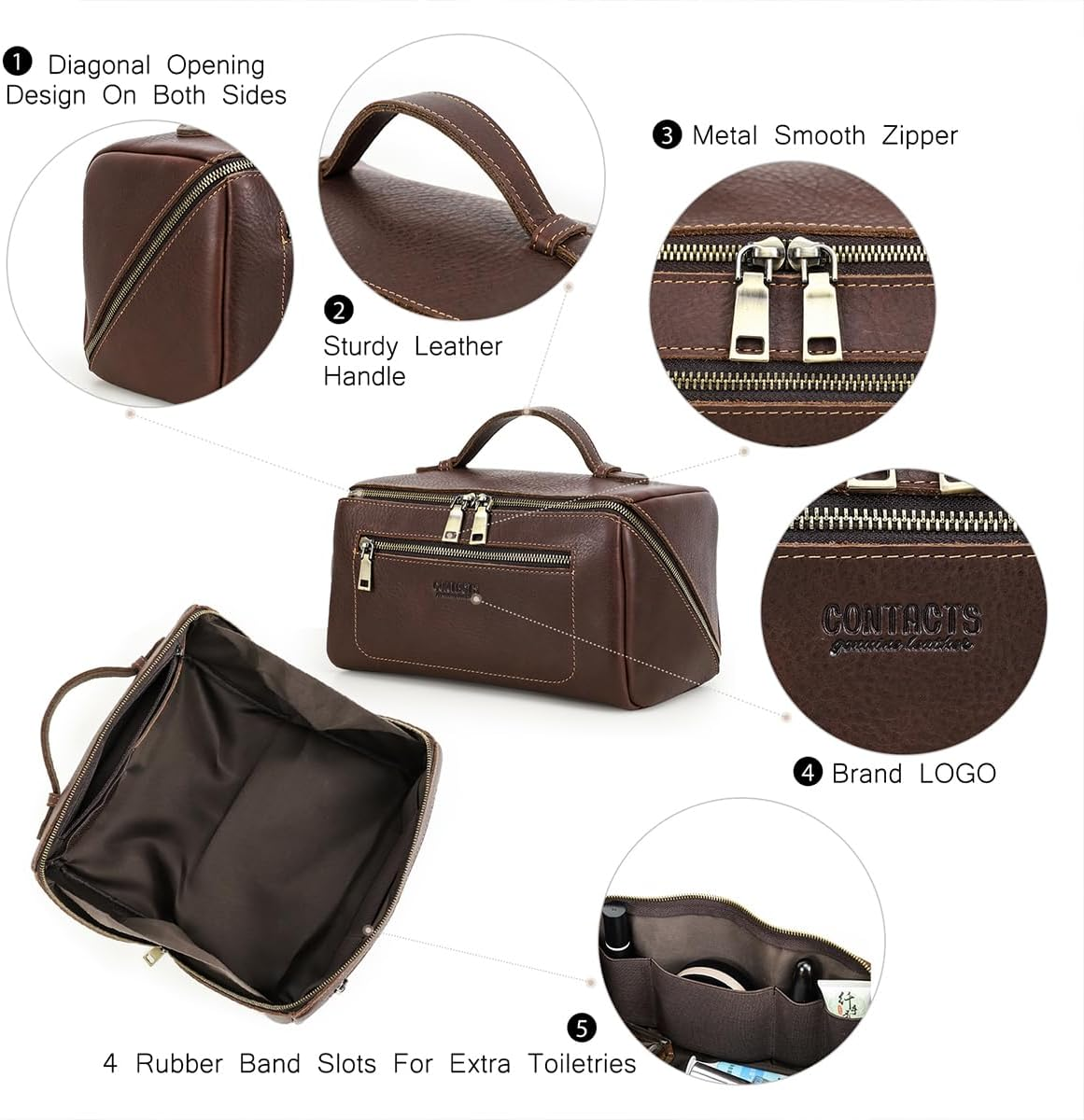 CONTACTS Full Grain Leather Travel Toiletry Bag for Men Large Wash Bag with Handle Bathroom Shaving Dopp Kit Toiletries Organizer Vintage Cosmetic Bag image number 3