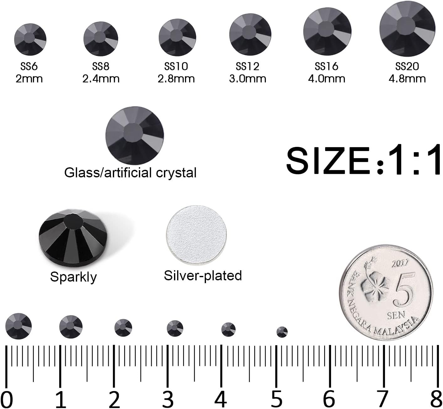 4240Pcs Flatback Black Rhinestones Glass Crystal Gemstones for Nail Art Eye Jewels Makeup round with Tweezers and Picking Pen (SS6~SS20 Set) - Black image number 5