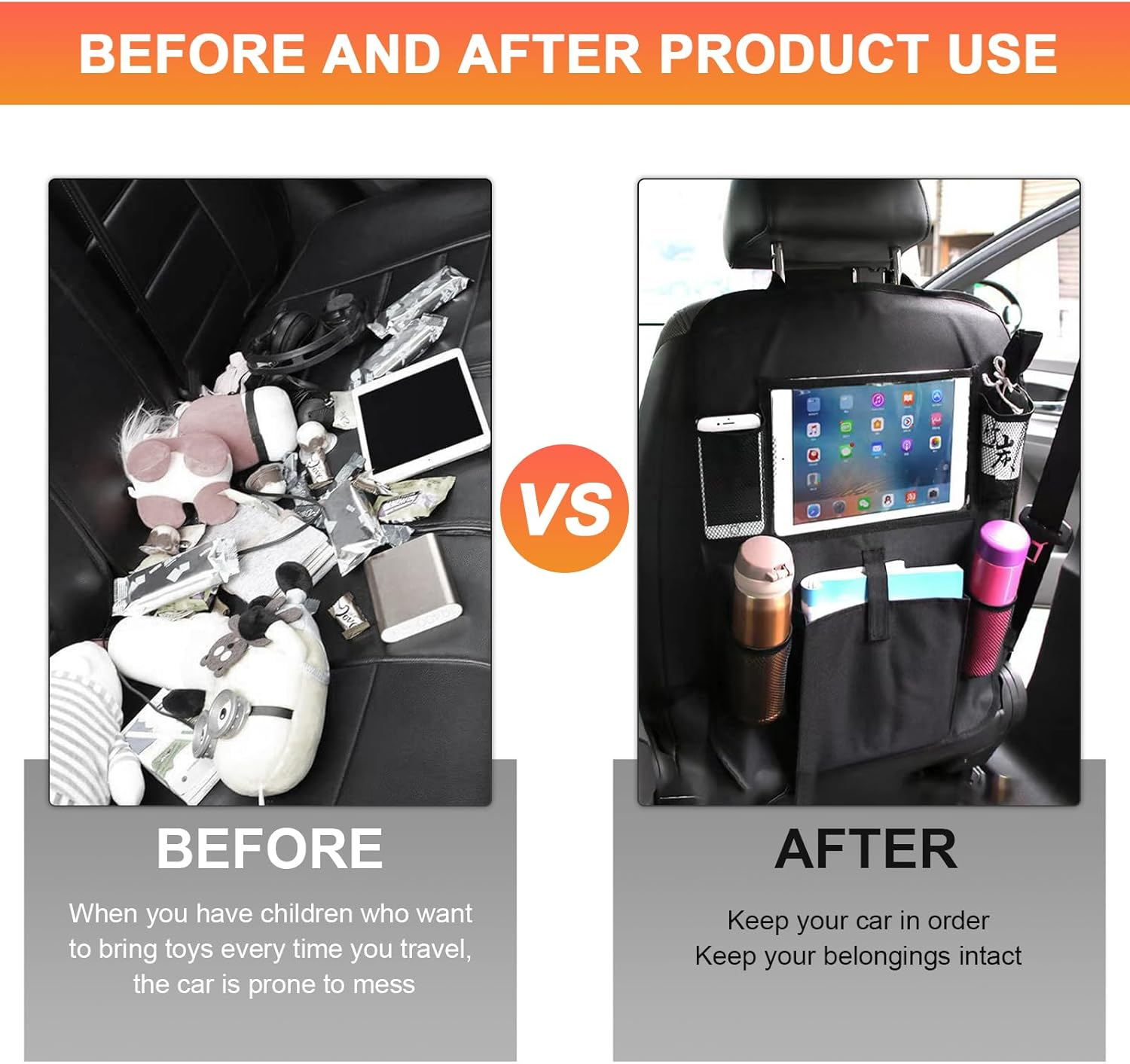 2 PCS Car Backseat Organizer, Heavy Duty Seat Back Storage Bag with Touch Screen Tablet Holder, Waterproof Kick Mats Back Seat Protector for Kids Toddlers, Car Accessories (Large Pocket) image number 3