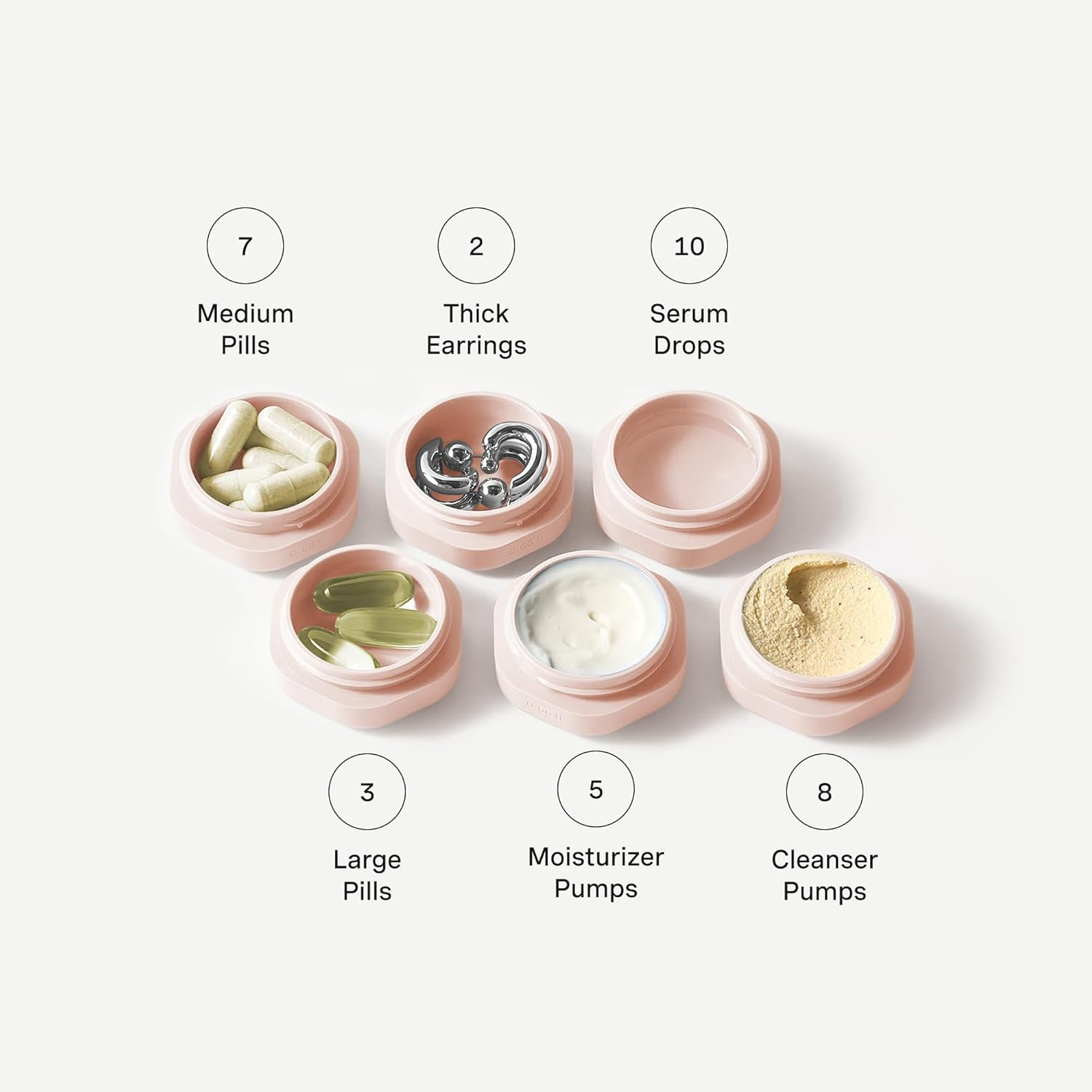 Cadence Travel Containers - Basic Skincare Set - Magnetic Travel Capsules - for Facial Cleanser, Moisturizer, Sunscreen - 3 Small Capsules (0.56Oz) with Cleanser, Moisturizer & Sun-Icon Labels - Petal image number 1