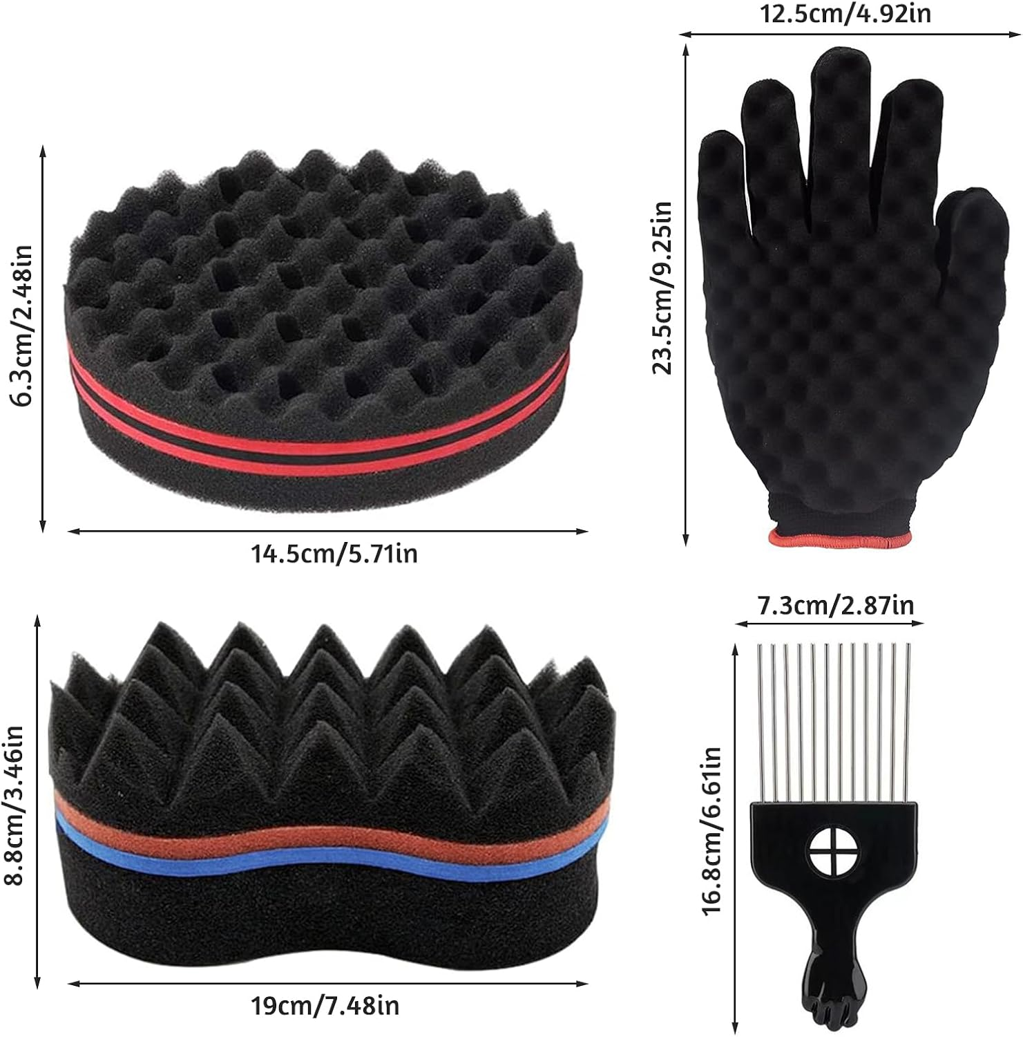 Fahibin 2 Pcs Holes Hair Sponge, Big and Small Holes Hair Sponge Brushes,Afro Coils Hair Curls Brushes,Sponge Hairbrush,Hair Sponge with Metal Combs and Curler Gloves image number 6