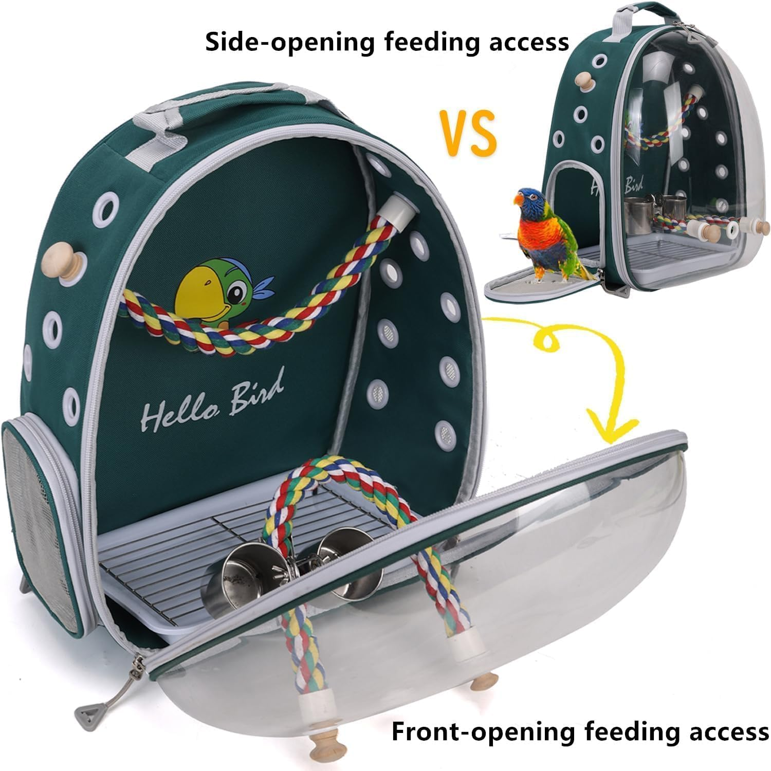 Bird Traval Carrier Cage, Multi Vent Holes Clear Space Capsule Astronaut Backpack to Carry Parakeet Cockatiel Parrot with Metal Tray Wood Perch, Vet Transport Book Bag (Green) image number 2