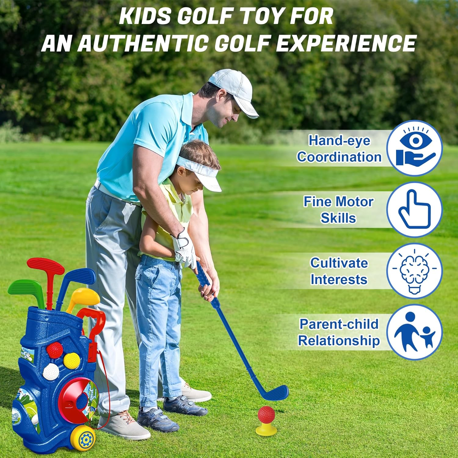 Kids Golf Clubs Set, Golf Play Equipment Set Toys, Indoor Sport & Outdoor Toy with 4 Clubs, 9 Balls, 2 Practice Holes, Shoulder Strap, Birthday Christmas Toys for 3 4 5 6 Year Old Boys Girls image number 1