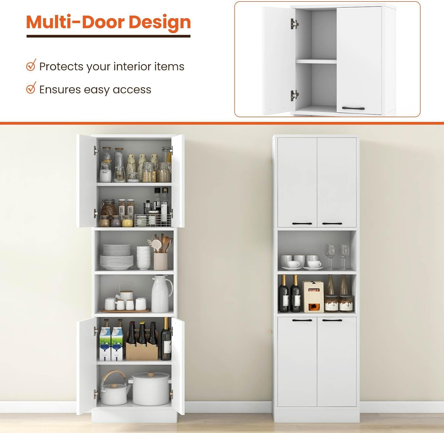 Giantex 190 CM Kitchen Pantry Cabinet, Tall Freestanding Cupboard with Doors & Shelves, Safety Hinges & Anti-Tipping Devices, Storage Sideboard for Dining Room Living Room, White - Black image number 3