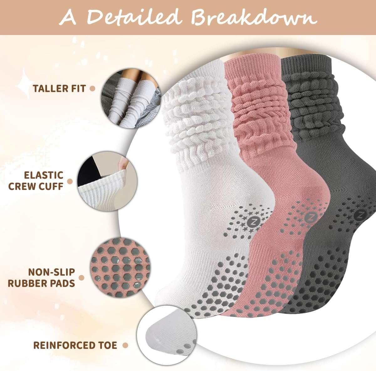 ZANZER (3 Pairs) Scrunch Pilates Grip Socks for Women, Yoga Slouch Socks with Grip for Barre Workout Hospital Dance Gym Exercise,Long Scrunch Slipper Socks - Pink + White + Black image number 2