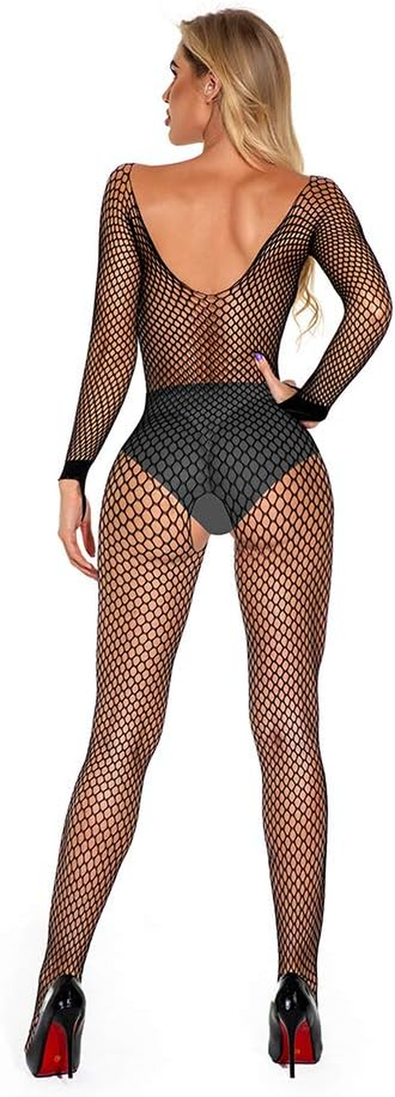 Czizitong Mesh Fishnet Lingerie Thigh High Stockings Teddy Bodysuit Lace Babydoll Sexy Lingerie for Women - Black image number 4