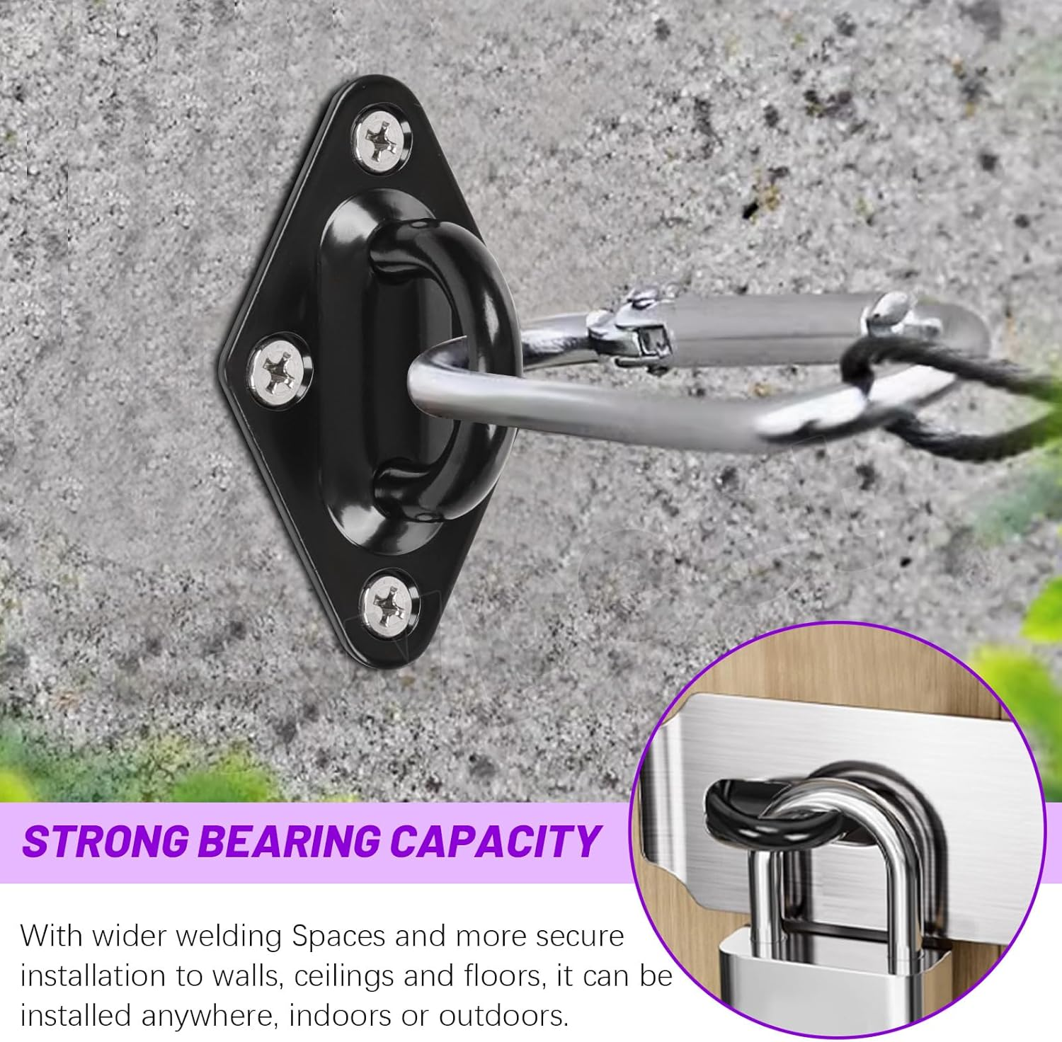 Swpeet 4Pcs M8 304 Stainless Steel Black Rhombus Pad Eye Plate Hook with Screws and Plastic Anchors Assortment Kit, Marine Hardware Hooks Ceiling U Hook Staple Ring Hook for Securing Hanging image number 4