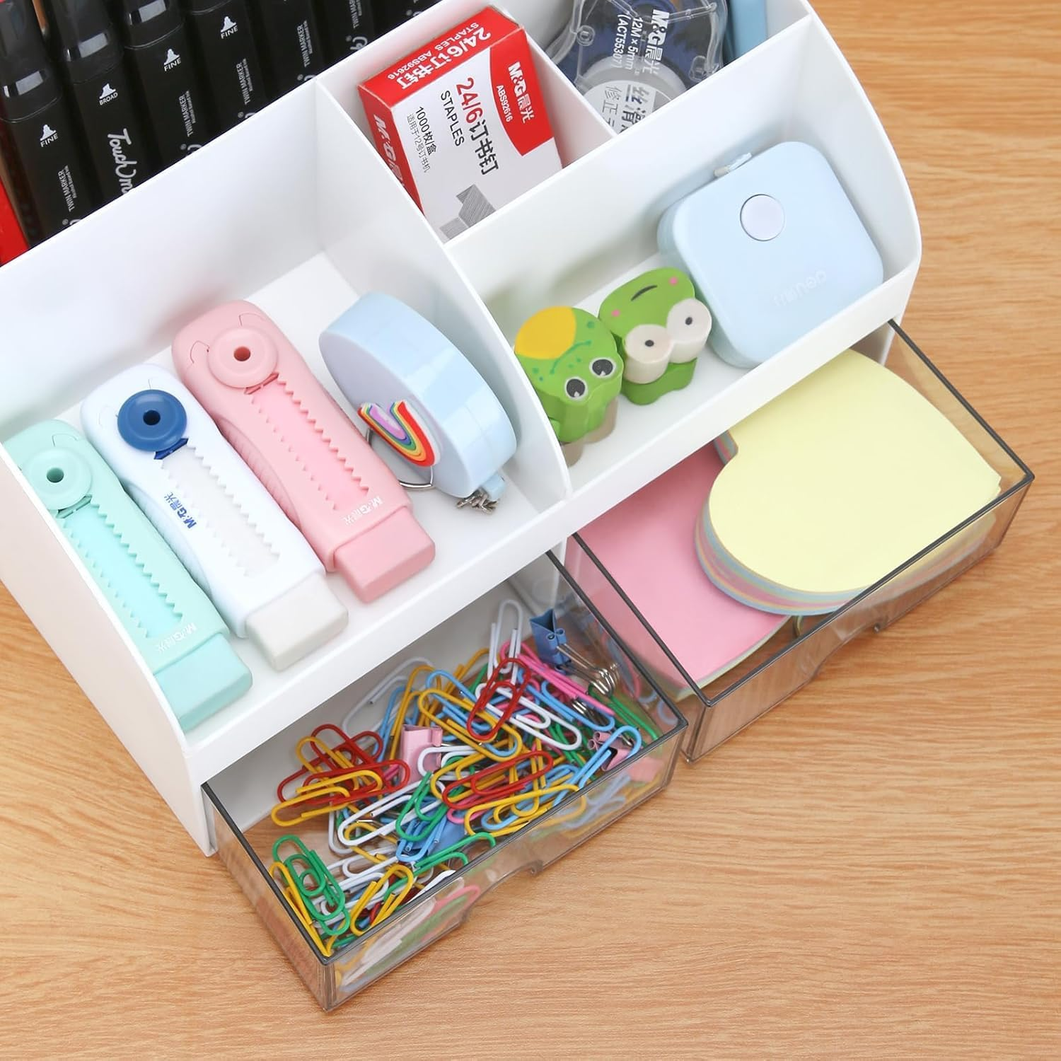 Desk Organizer with 2 Drawer, Multi-Functional Pencil Pen Holder for Desk, Desk Organizers and Storage with 6 Compartments, Desktop Organizer for Office Home Art Supplies (White) image number 4