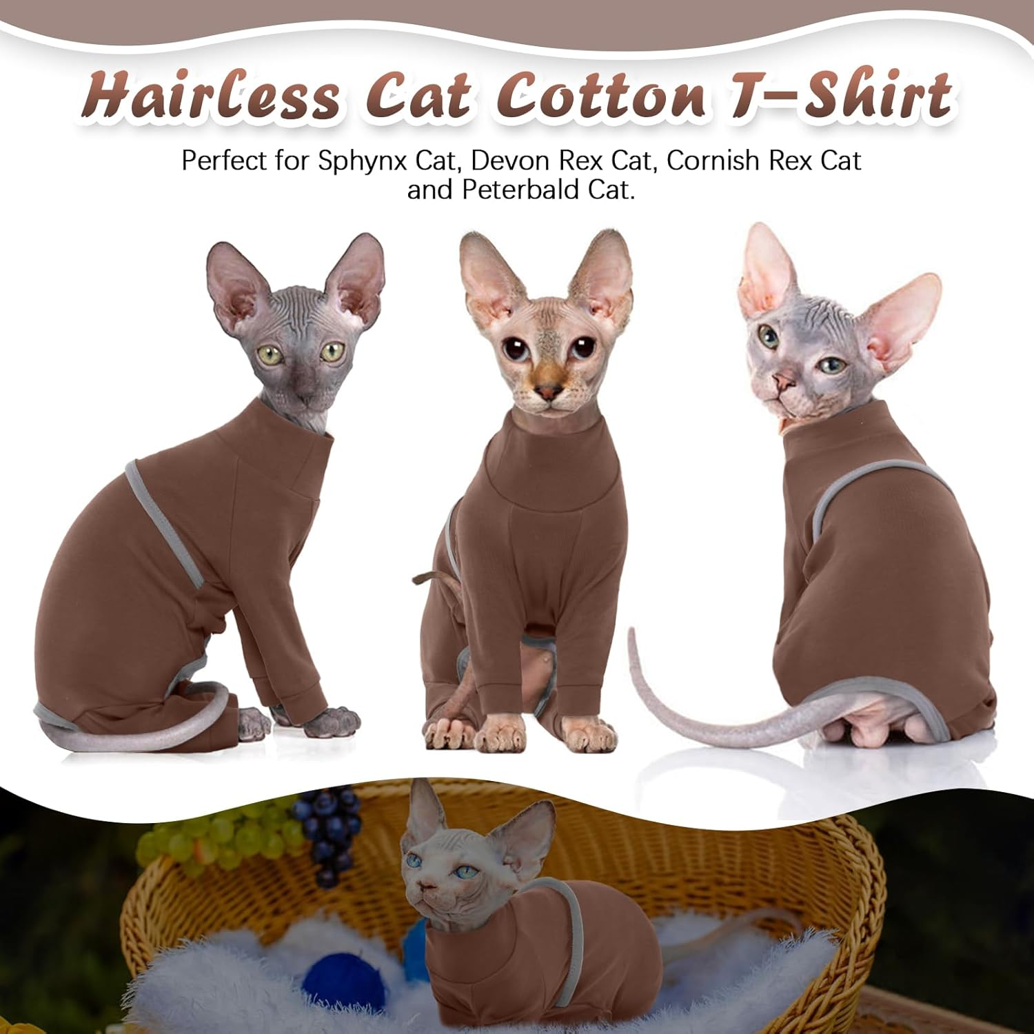 Hjyokuso Sphynx Cat Clothes, Breathable Soft Cat Jumpers for Cats Only, Cat Coat with Four Legs, Cat T-Shirt, Warm Cat Sweaters, Cat Pajamas Jumpsuit Vest for Sphynx, Cornish Rex, Devon Rex,Peterbald image number 4