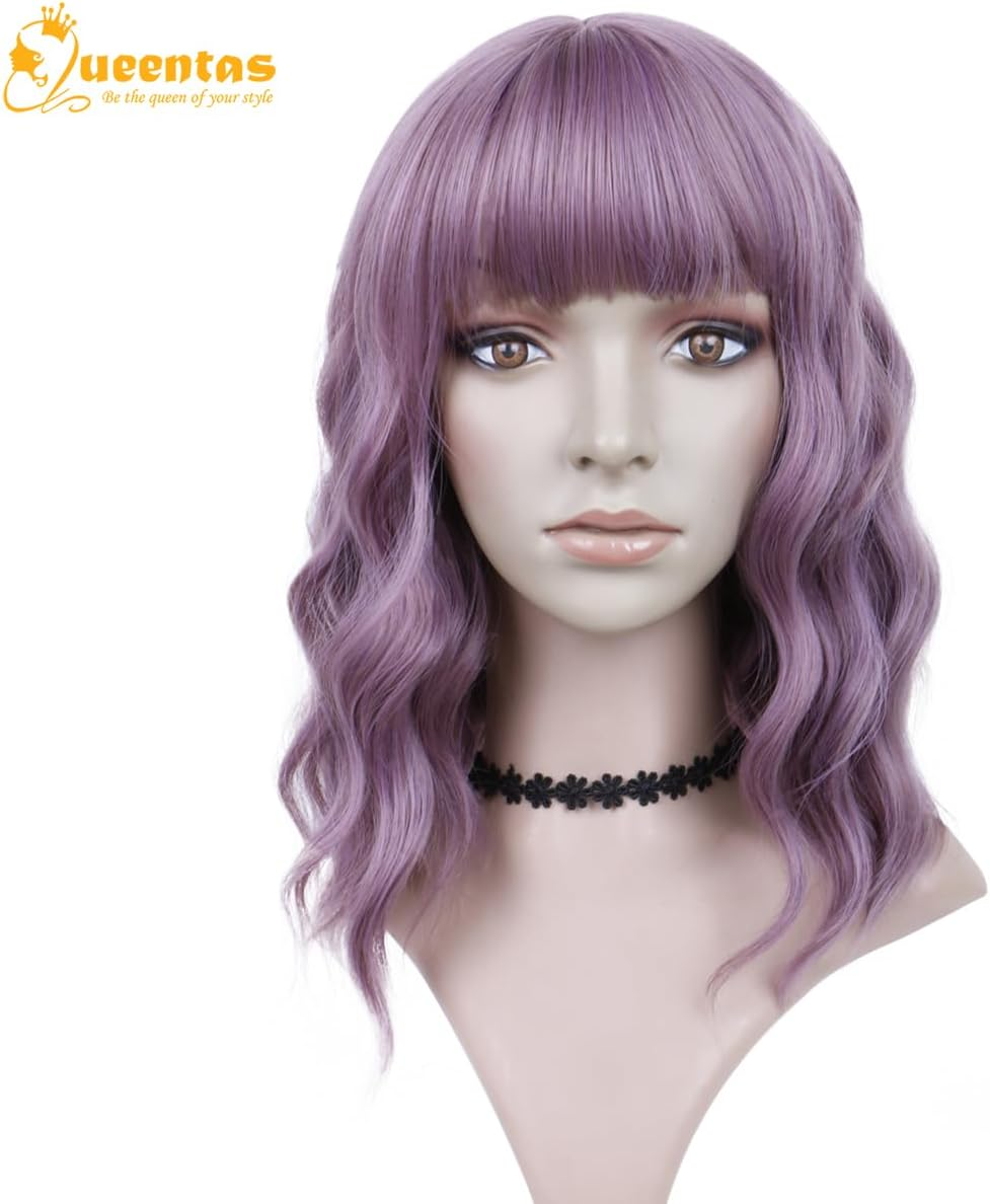 QUEENTAS Purple Wavy Bob Wigs for Women Shoulder Length with Bangs Short Curly Wig for Daily Use Cosplay Synthetic Hair Wig - Blonde image number 5