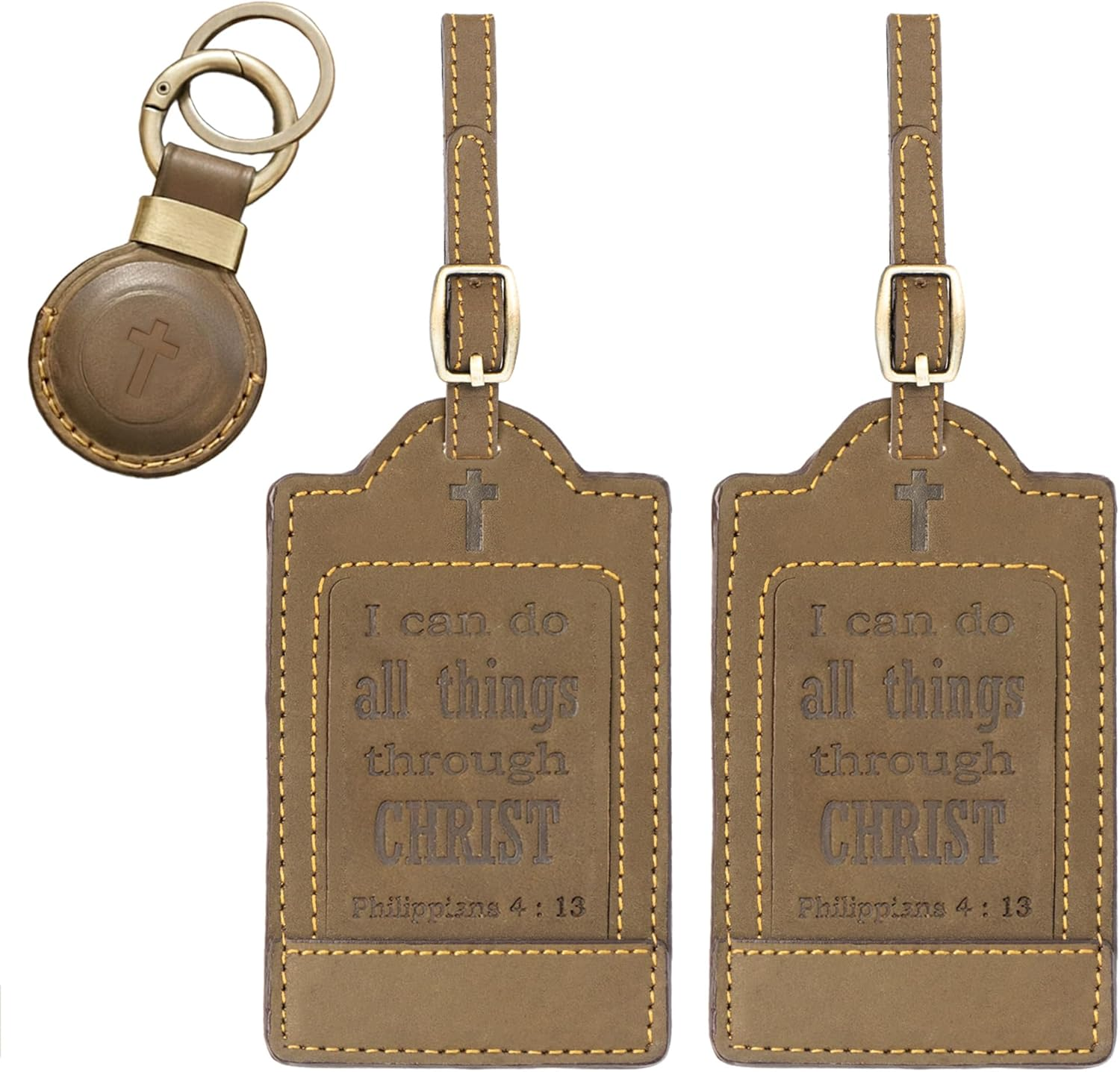 Sovereign-Gear - Two Brown Leather Luggage Tags 'Philippians 4:13' with Leather Airtag Holder Combo - Genuine Leathers Luggage Tag for Suitcases - Secure, Stylish & Durable Travel Accessory image number 2