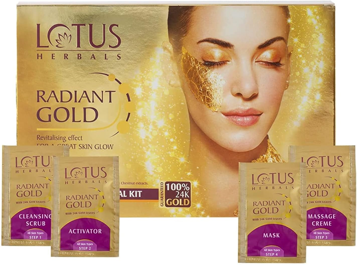 Lotus Herbals Radiant Gold Facial Kit for Instant Glow with 24K Pure Gold & Papaya,4 Easy Steps (Single Use) image number 4