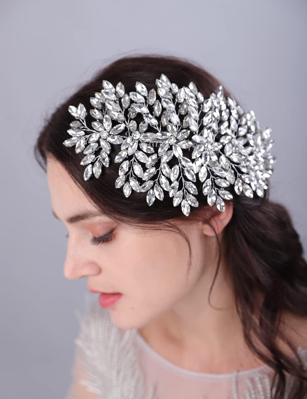 Teyglen Large Full Rhinestones Flower Bride Wedding Hair Comb Headband Luxurious Hair Accessories Dainty Crystals Bridal Side Hair Combs for Women Bride Girls (AB Color) - Ab Color image number 2