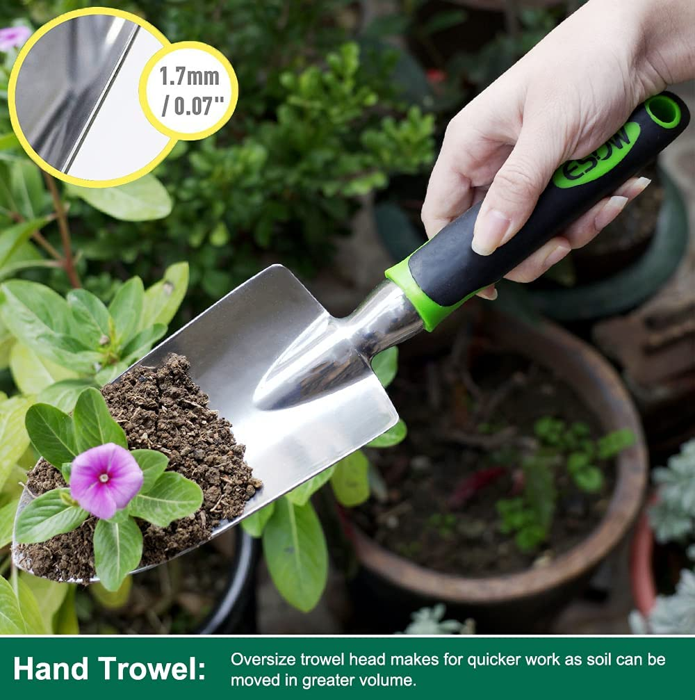 ESOW Garden Tool Set, 3 Piece Cast-Aluminum Heavy Duty Gardening Kit Includes Hand Trowel, Transplant Trowel and Cultivator Hand Rake with Soft Rubberized Non-Slip Ergonomic Handle, Garden Gifts image number 3