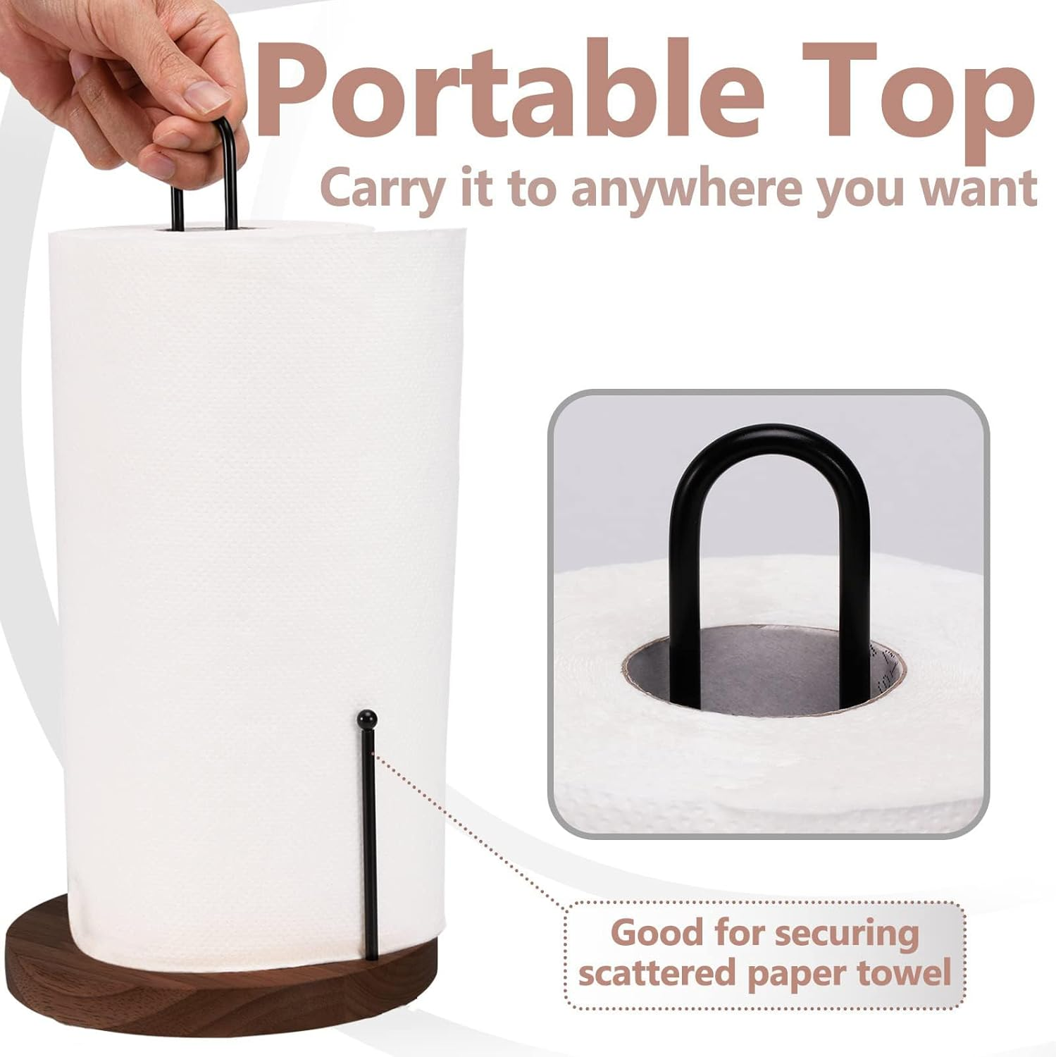 Paper Towel Holder Countertop, Farmhouse Paper Towel Holder with Heavy Duty Wood Base, Wood Paper Towel Holder Rustic Style Stand for Kitchen Decor, Home, Brown image number 3