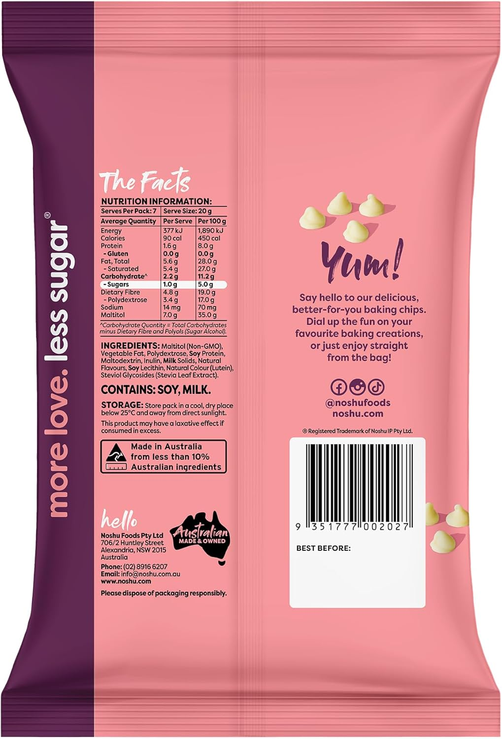 Noshu 95% Sugar Free White Choc Baking Chips 140G image number 2