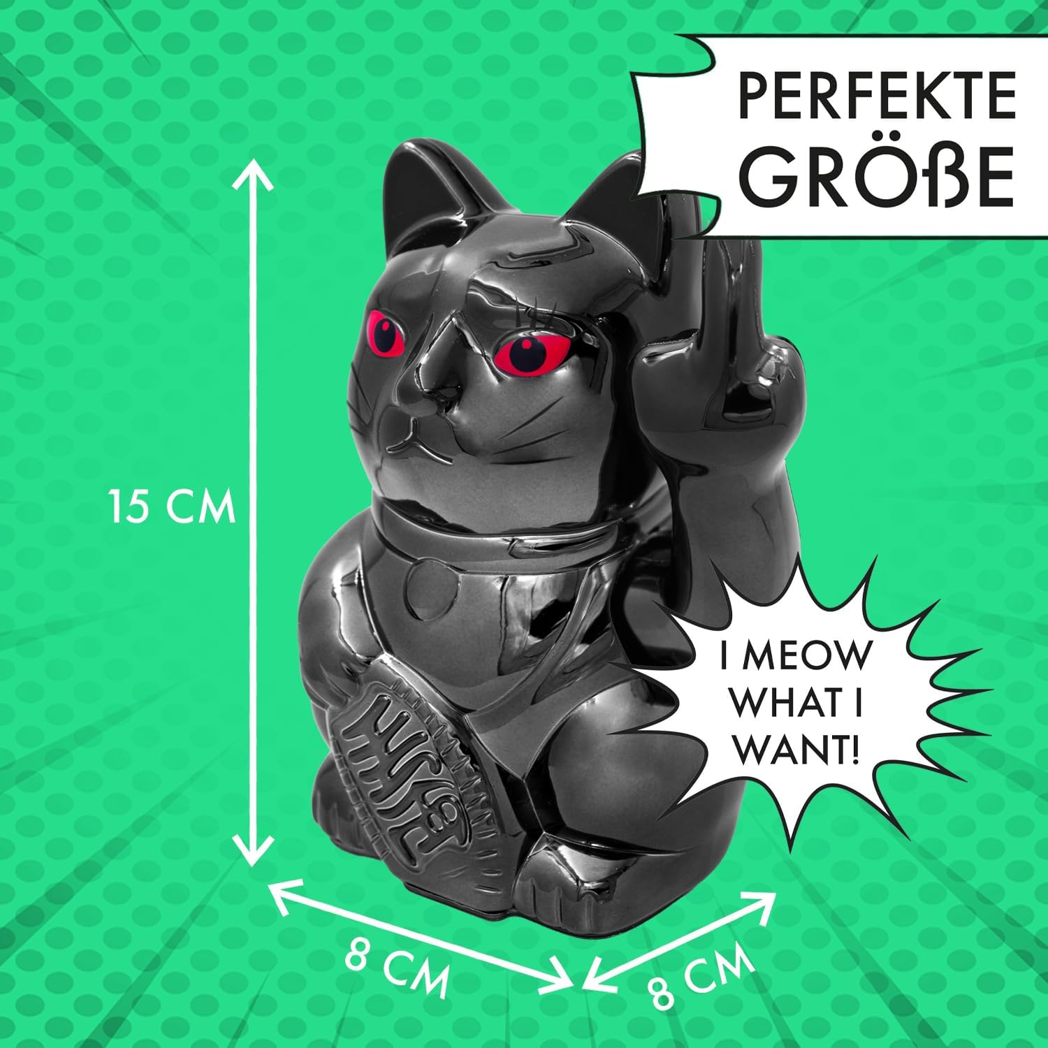 ANGRY CAT - Lucky Cat - Funny Waving Cat - Japanese Waving Cat with Stink Finger - Decorative Wobble Figure Cat - Waving Arm with Middle Finger - 15 Cm, Black Shiny image number 5