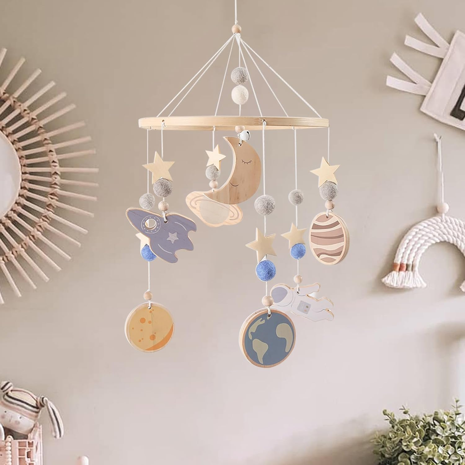 Crib Mobile, Kids Bedroom Wooden Decor, 360 Degree Rotating Space Pattern Crib Mobile for Calming Visual Stimulation Play Travel Night Sleep Bedding image number 6