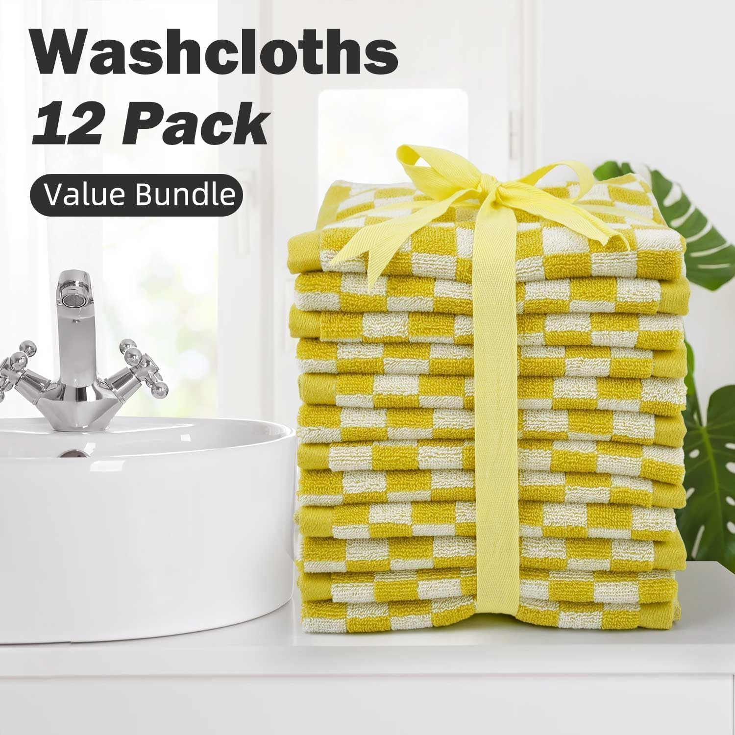Jacquotha Quick Drying Washcloths - Pack of 12, 13X13 Inches, 100% Cotton Wash Cloths for Showering Spa Kitchen, Yellow Checkered Face Cloths - Orange image number 2