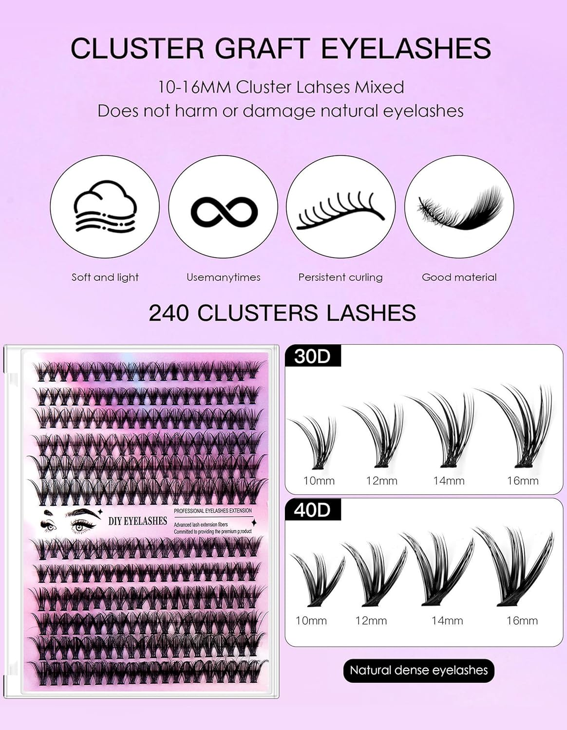DIY Lash Extension Kit 240Pcs 30D+40D Lash Clusters Eyelash Extension Kit with Lash Bond and Seal Individual Lashes Kit Eyelash Tweezers Eyelash Brush False Eyelashes Natural, Pink image number 6