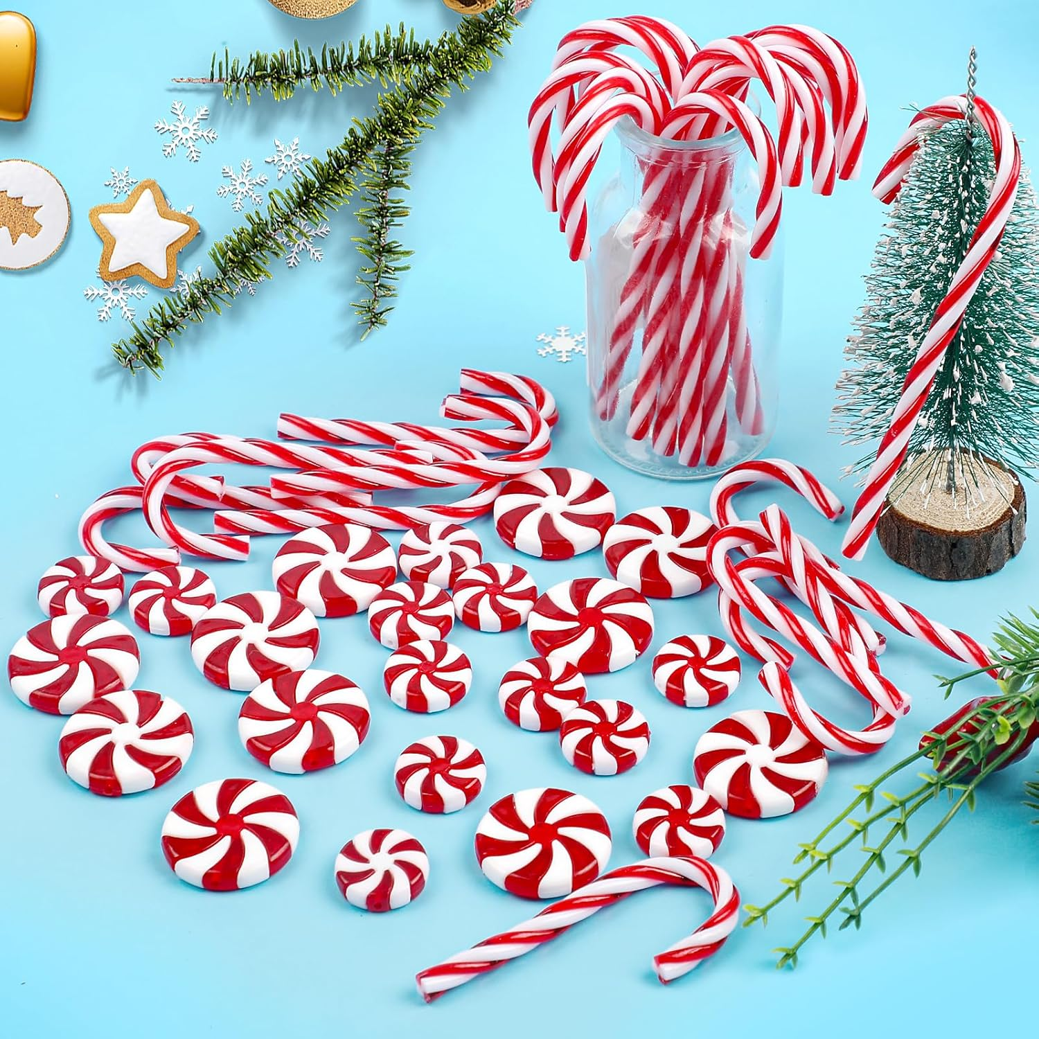 LOMIMOS 50Pcs Christmas Candy Canes Ornament, Plastic Xmas Tree Hanging Decoration Ornament with Crystal Wire Silver Thread for Craft Party Home(Red and White) image number 1
