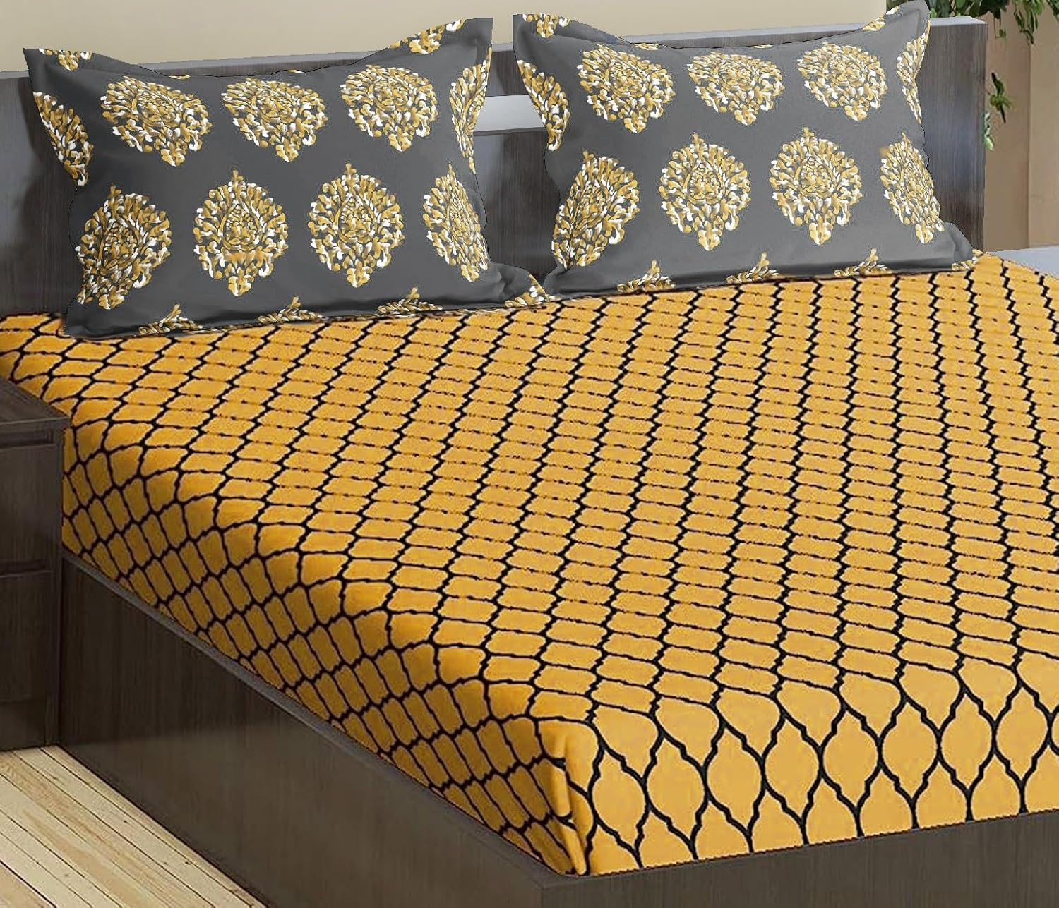 Trance Home Linen 200TC 100% Cotton Queen Size Printed Bedsheet | Bedding Set of Queen Size Flat Bed Cover with 2 Pillow Covers (86X104 Inch | 7.1Ft X 8.6Ft - Dori & Damask Warm Grey Mustard) image number 1