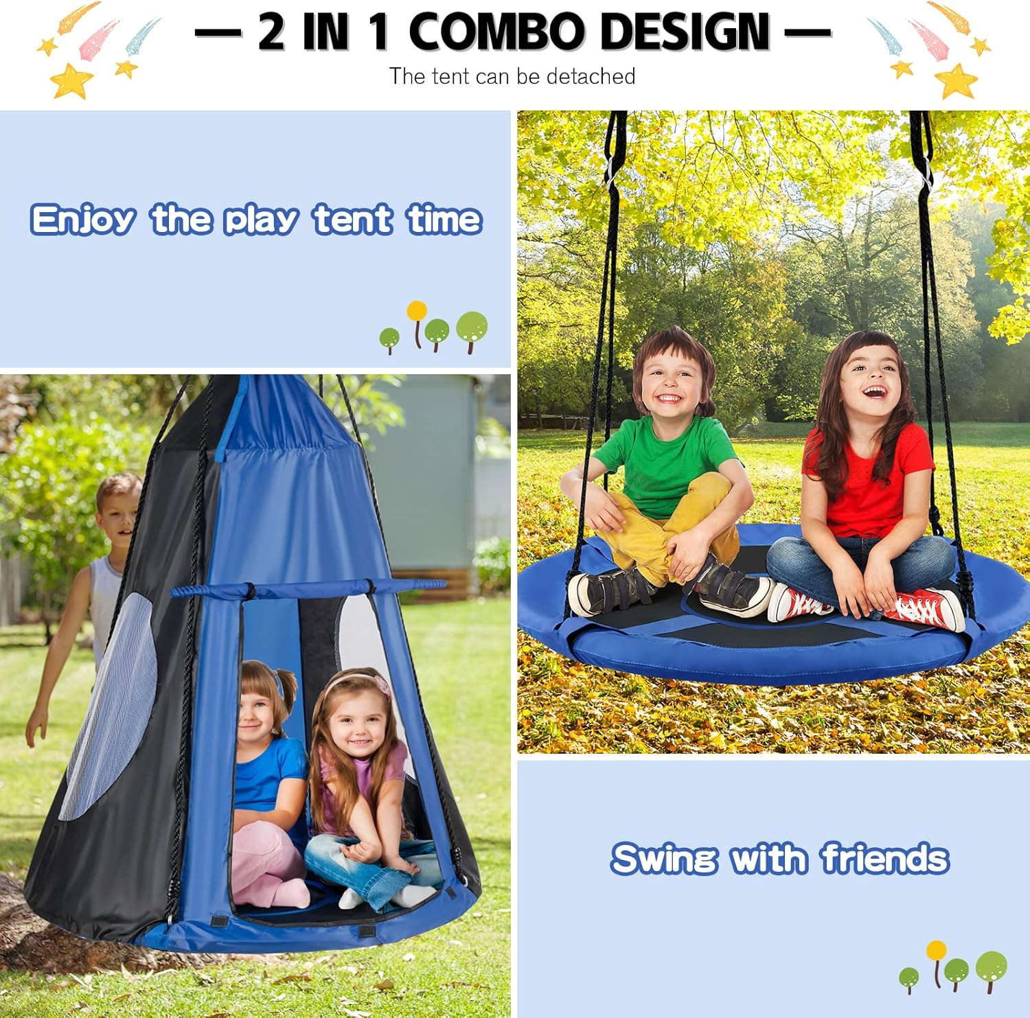 HONEY JOY 100CM Kids Detachable Hanging Chair Swing Tent, 2 in 1 Hammock Nest Pod Hanging Swing Seat, Children Outdoor Indoor Swing Play Tent for Backyard Tree, Max Capacity 150KG (Blue) image number 3