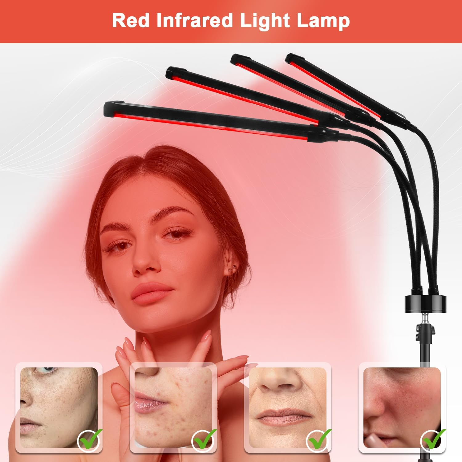 Red Light, 660NM & 850NM Infrared Lamp with Stand, 4 Heads Red Light Lamp with Timer & Brightness Adjustable for Home (Black) image number 2