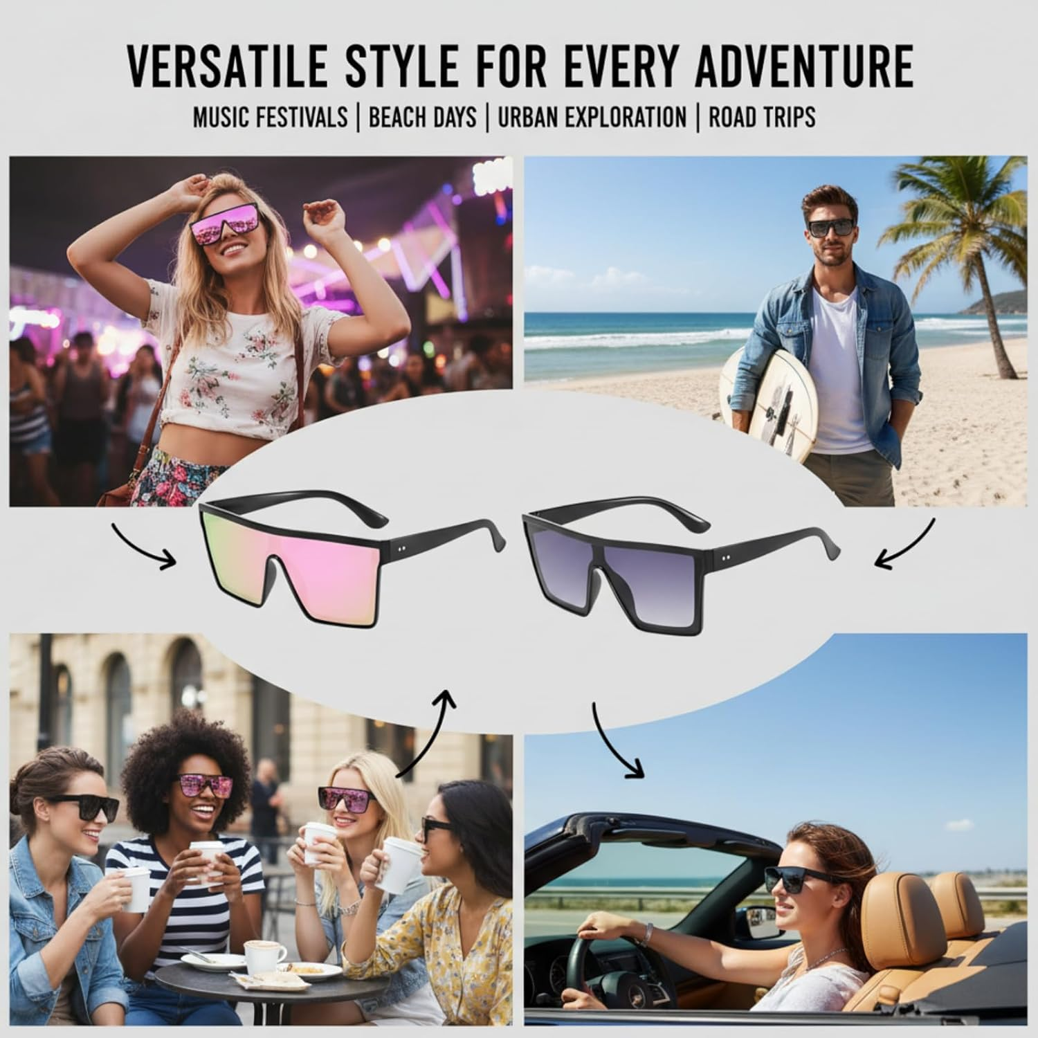 3 Pcs Futuristic Neon Flat Top Sunglasses, Oversized Square Big Frame Shades for Women Men Fashion image number 1