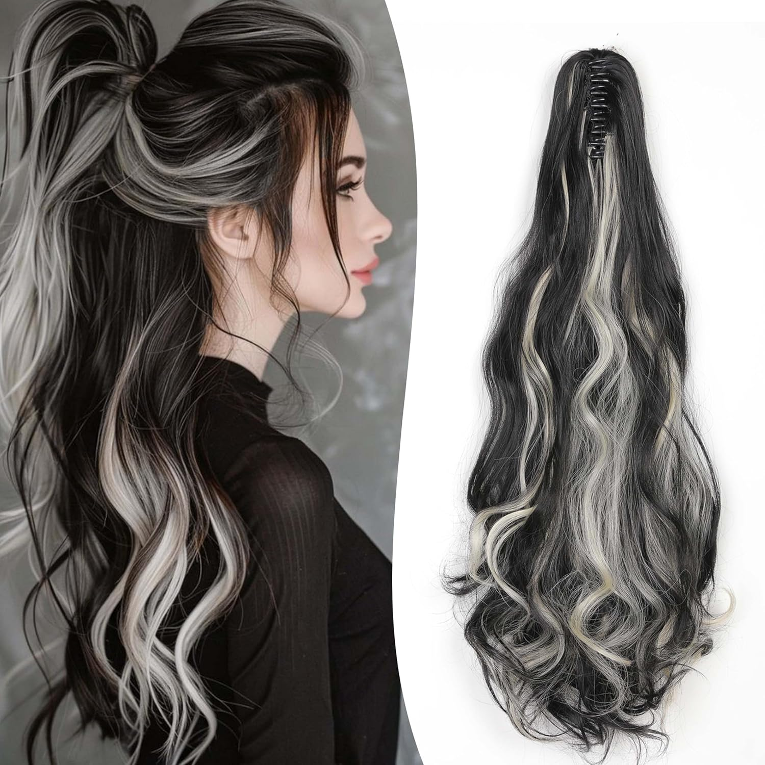 Gairyan 20Inch Ponytail Extension Clip in Ponytail Hair Extensions Curly Wavy Pony Tails Claw on Ponytail Long Wave Synthetic Hairpieces for Women Soft Real Look (Natural Black & Bleach Blonde) image number 2