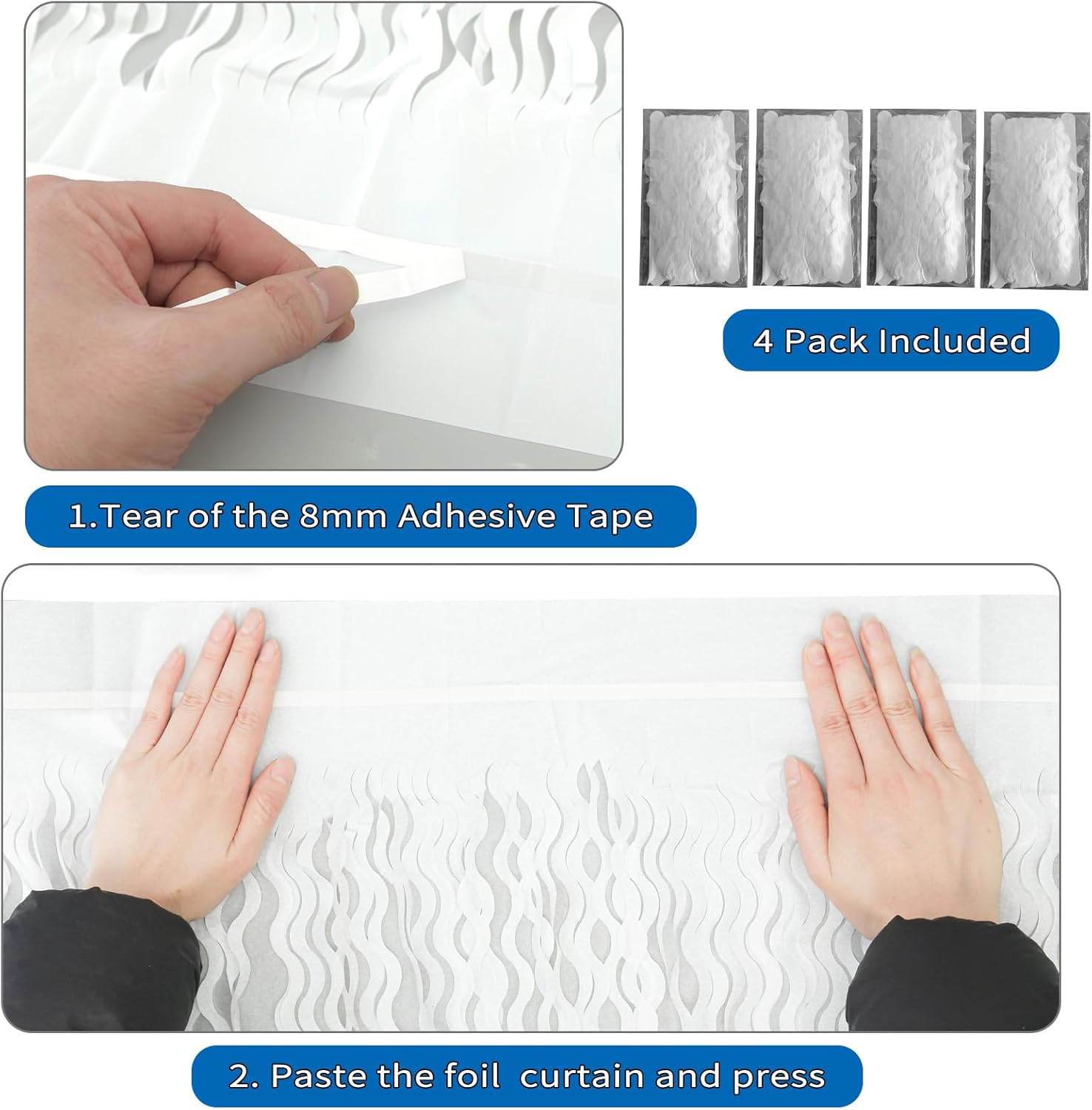 4 Pack White Door Streamers Foil Backdrop - 3.3X6.6Ft Metallic Tinsel Foil Fringe Curtains Photo Booth Backdrop for Party Decoration