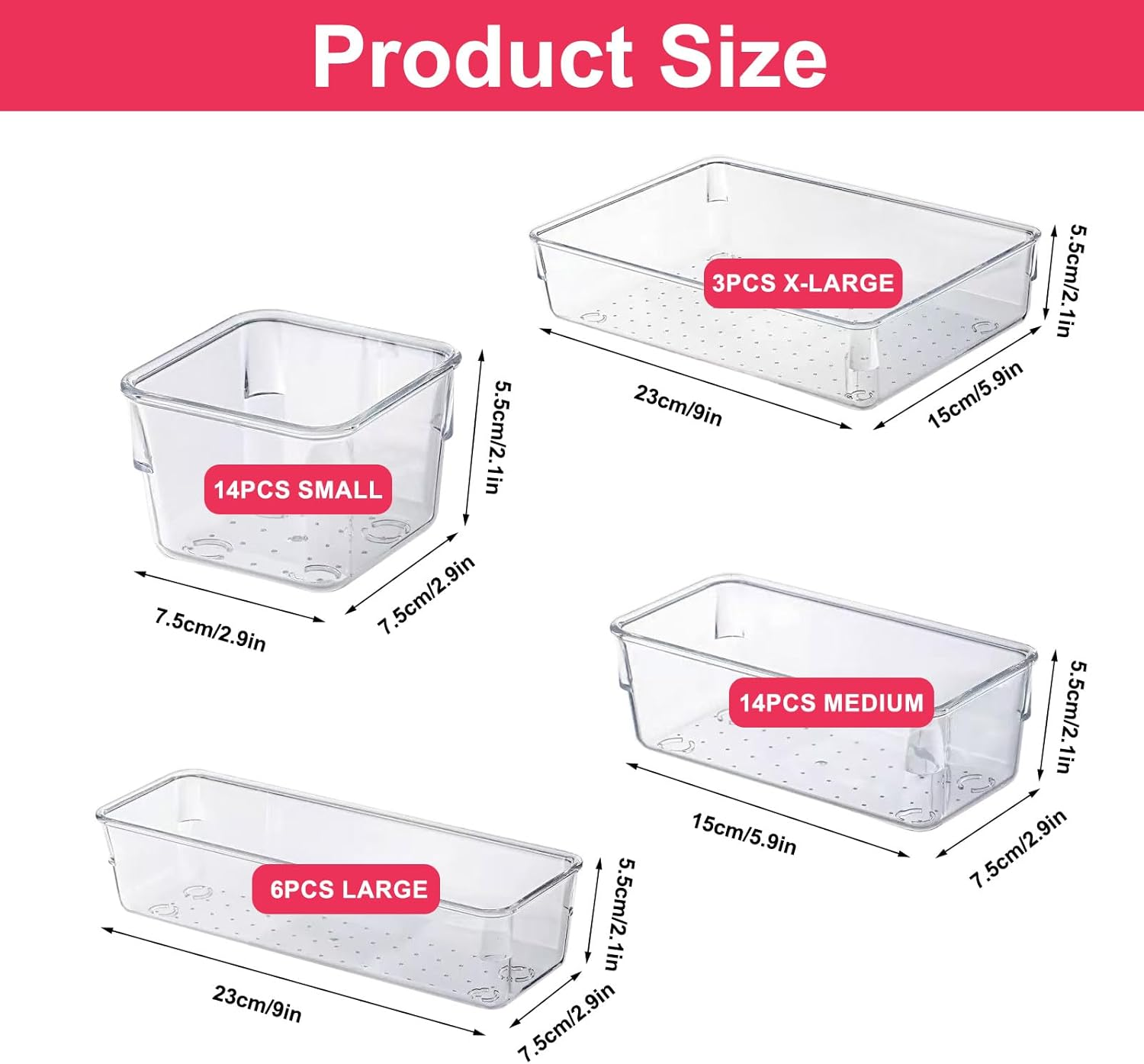 Clear Plastic Drawer Organizers Set, 4-Size Versatile Bathroom and Vanity Organizer Trays, Non-Slip Storage Containers for Makeup, Jewelries, Bedroom, Kitchen Utensils and Office（37Pcs） image number 1