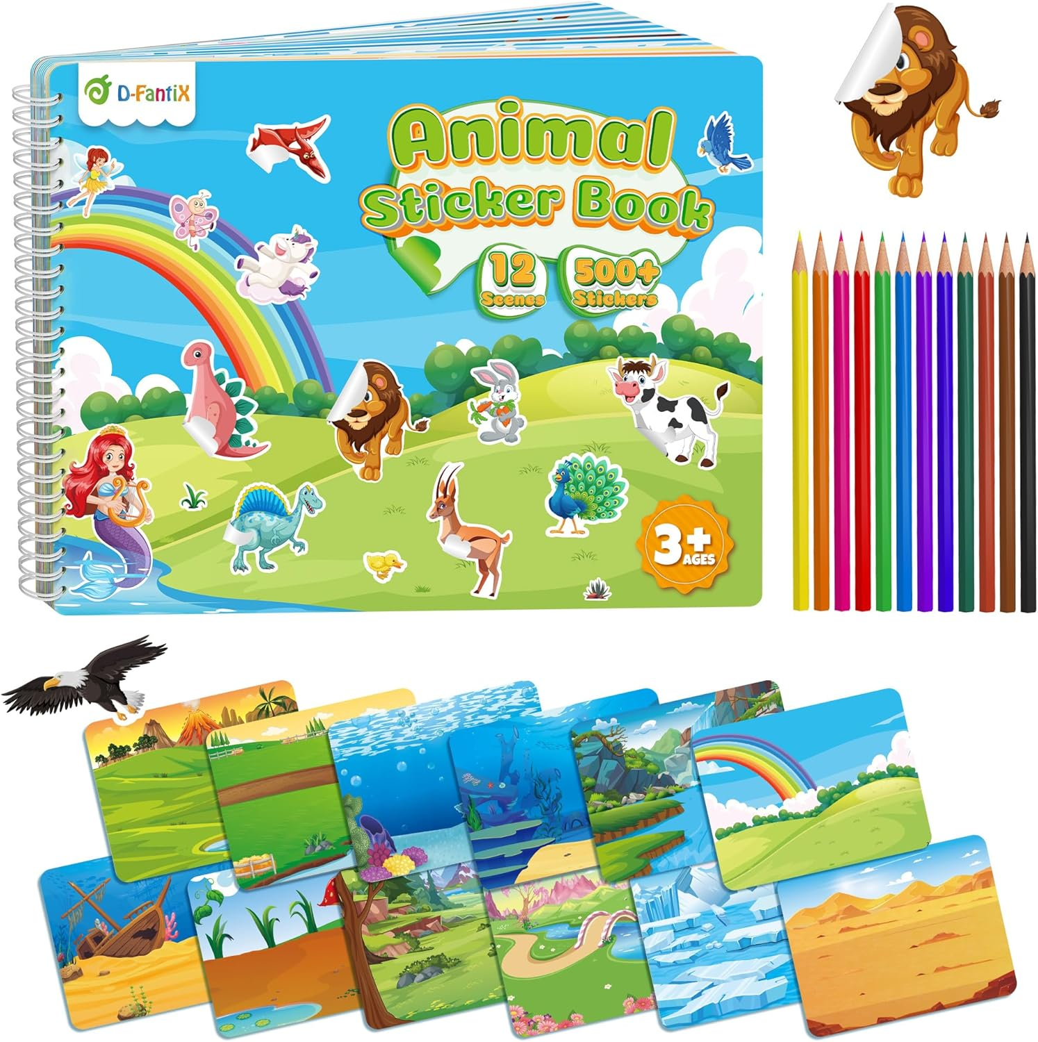 D-Fantix Animal Sticker Book for Kids, Dinosaur Unicorn Mermaid Farm 12 Unique Scenes and 500+ Stickers, Toddler Airplane Travel Road Trip Essentials Activity Book, Arts & Crafts Ages 3-8 image number 2