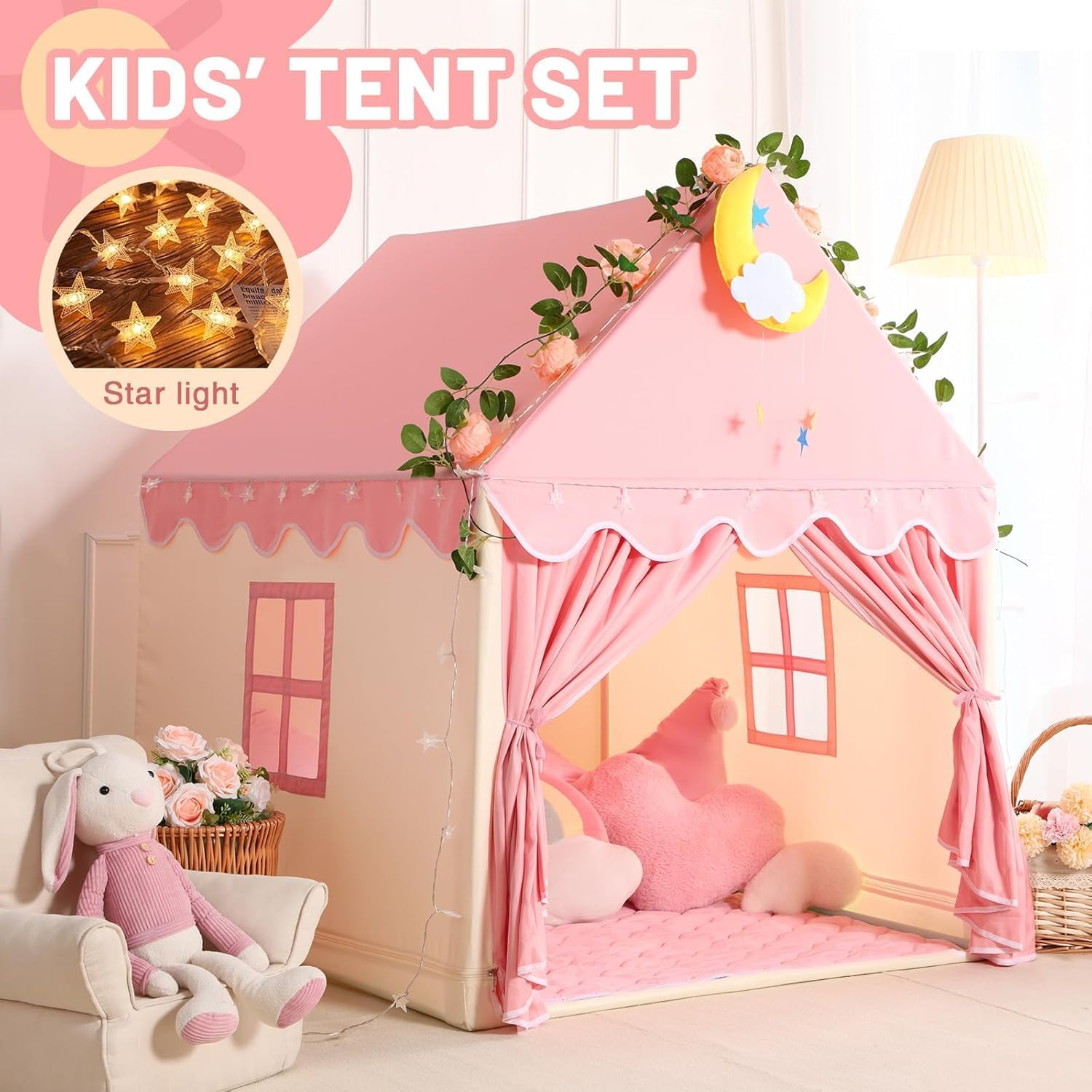 Kid Tent with Lights, Princess Tents for Girls Toy House Toddlers Kids Play Tent Large Indoor Playhouse with Windows and Roll up Door Pink Princess Castle Play Tents Girls & Boys Toy Gifts image number 3
