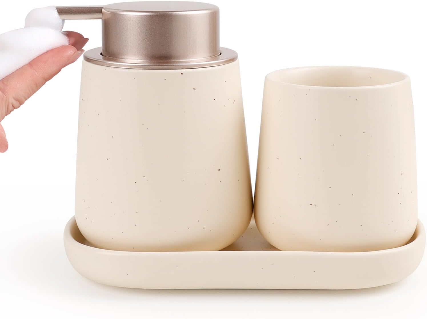 Umlaca Black Bathroom Accessories Set 3 Pcs - Ceramic Foaming Bathroom Soap Dispenser Set Farmhouse Black Bathroom Decor, Soap Dispenser and Toothbrush Holder/Tumbler Cup, Tray