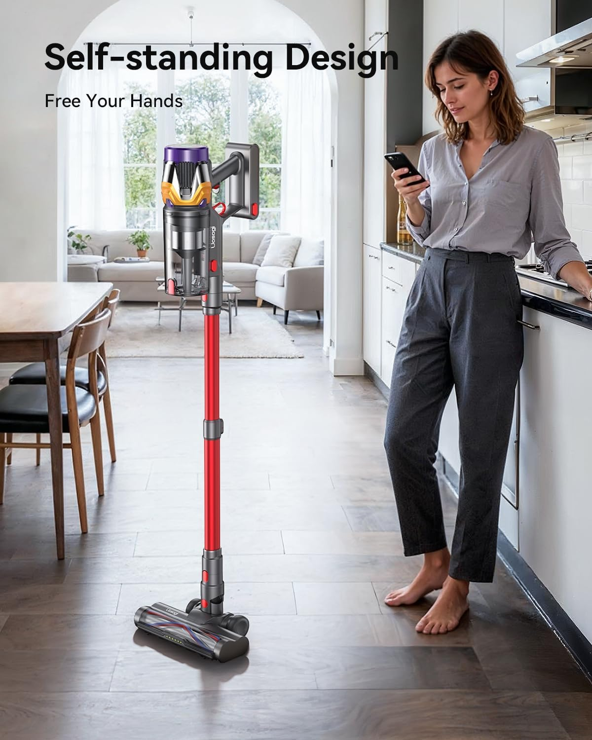 Cordless Vacuum Cleaner, Upgraded 50KPA 600W 70Mins Stick Vacuum with Hurricane Mode, Self-Standing, Touch Screen, 1.8L Dust Cup, Anti-Tangle Wireless Vacumm, Vacuum Cleaners for Home/Pet Hair/Carpets image number 2
