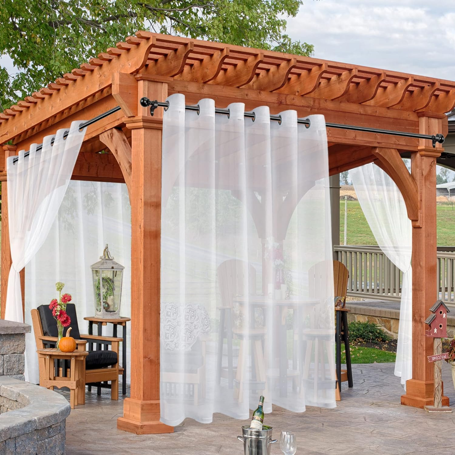 Holidayideas White Outdoor Sheer Curtains for Patio Waterproof, 4 Panels - 100 X 108 Inch - Extra Wide Voile outside Curtains Light Filtering Grommet Drapes for Front Porch, Gazebo, Pergola, Backyard image number 3