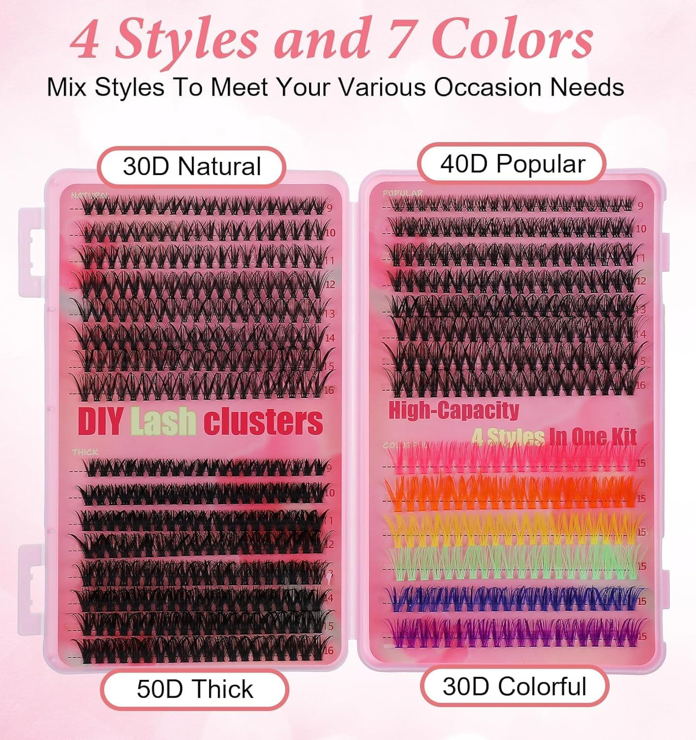 Colored Lash Clusters Kit, 600 Pcs Eyelashes Clusters Extensions,Individual Lashes D Curl Fluffy Wispy 1 Eyelashes Thin Band with Bond Seal Tweezers Brush DIY for Beginners(30+40+50D+Eyelash Book Kit 9-16Mm) image number 2