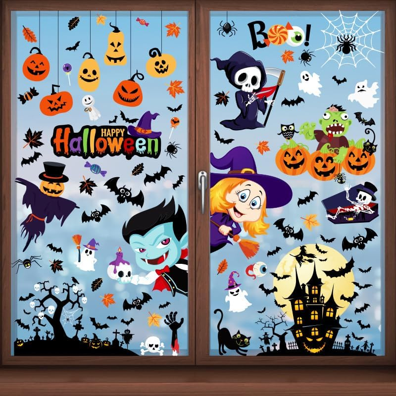 9 Sheets Halloween Window Clings, Scary Halloween Window Stickers, Removable Double Sided Halloween Window Decals for Glass Windows, Halloween Window Decorations Home Decor Halloween (C)