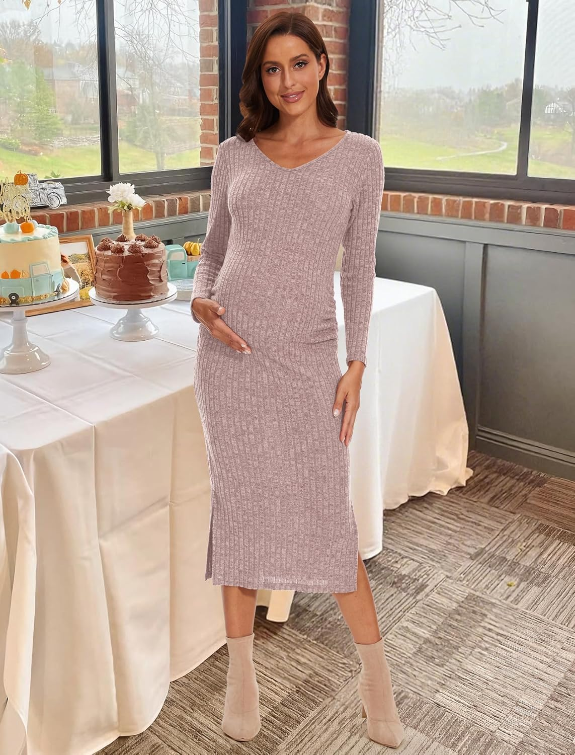 Maternity Sweater Dress,Turtleneck Ribbed Long Sleeve Maternity Dress for Casual/Photoshoot/Baby Shower image number 1