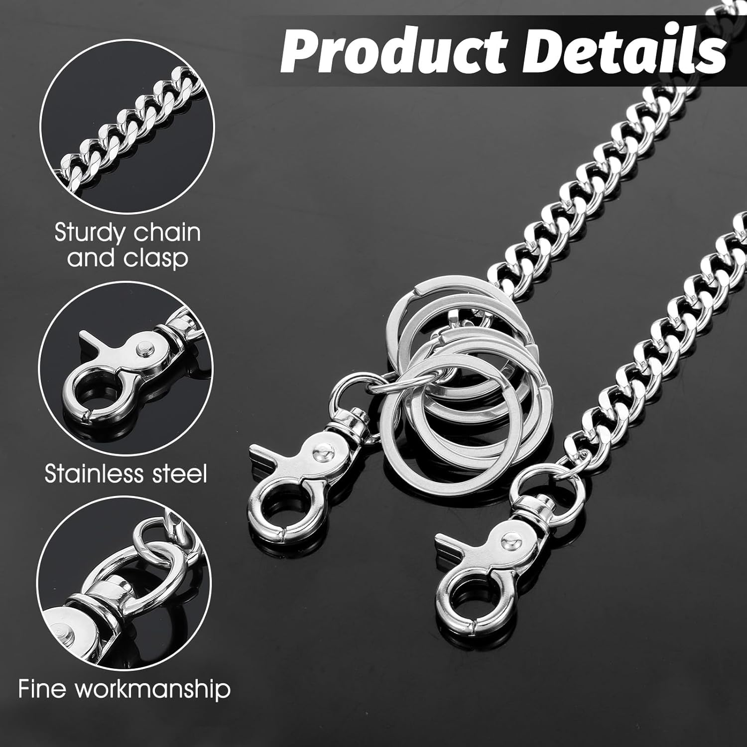 Wallet Chain Heavy Duty Pocket Keychain 23 Inch with 5 Keyrings Punk Trousers Pants Chain for Pants Keys Belt Goth Accessories (Silver) image number 3