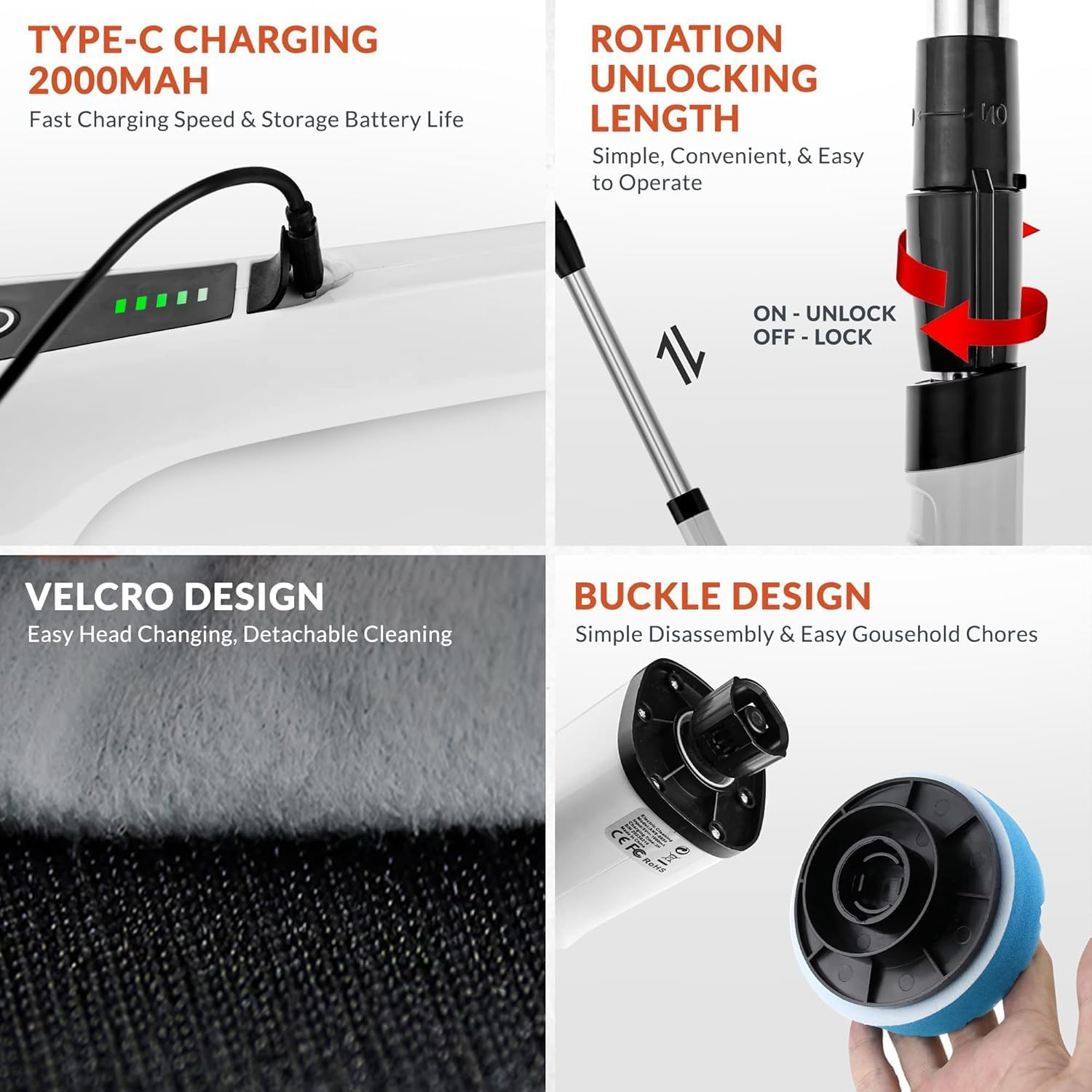 Electric Spin Scrubber, Cordless Electric Cleaning Brush Set &ndash; 9 Replaceable Drill Brush Heads, Upgraded Extension Handle, Powerful Scrubber for Bathroom, Kitchen, Tiles, Floor (White) image number 3