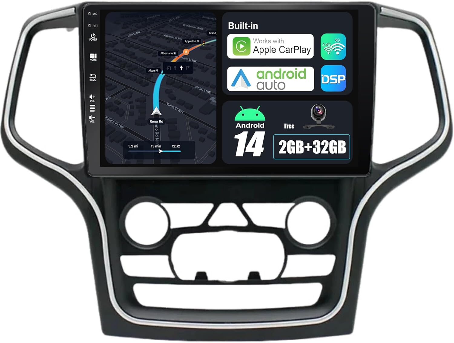 Android 14 IPS Car Stereo for Jeep Grand Cherokee (2014-2022) - 2G+32G - Wireless Carplay/Android Auto - Rear Camera Free - 9 Inch 2 Din - DAB Steering Wheel Fast-Boot DSP Bluetooth GPS Navi image number 2