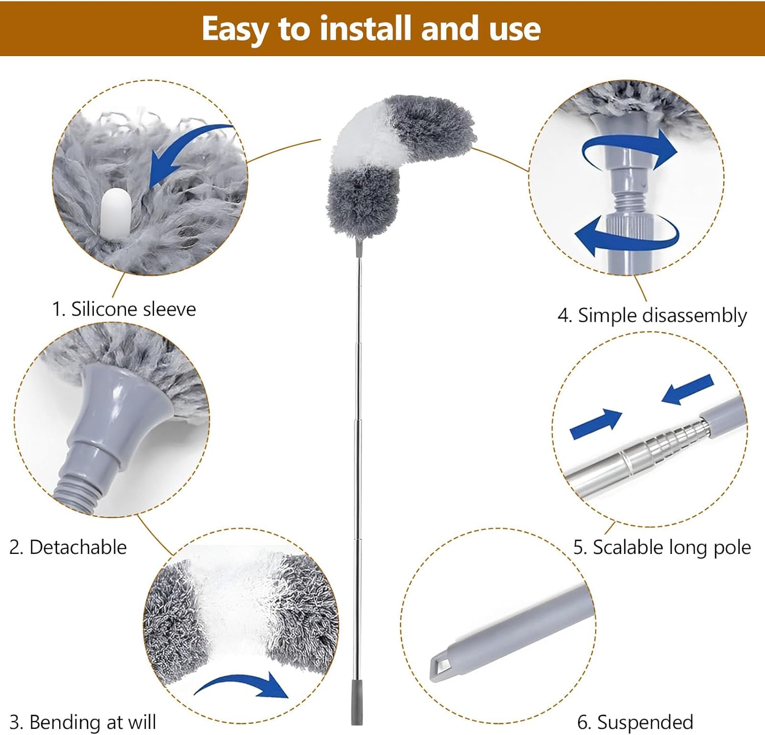 BTBHIHO Pack of 7 Telescopic Washable Duster, Microfibre Duster, Can Be Extended to 2.8 Metres, Spider Web Remover, Dust Brush, Dust Brush for Gaps Ceilings, Cobwebs, Grey image number 2
